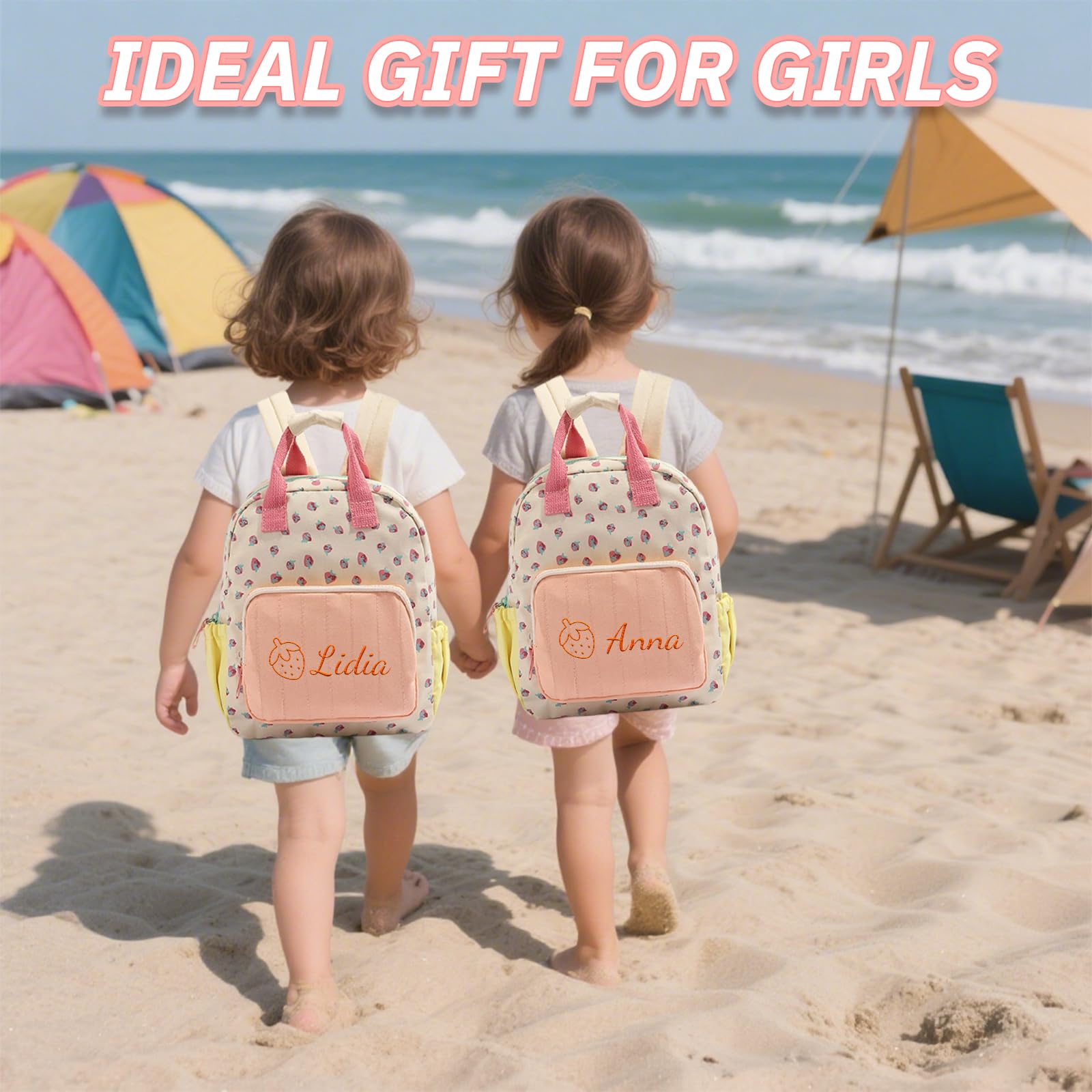 Generico Zainetto Bambina Personalizzato con Nome Ricamato, Mini Zaino Bambina 23x28cm, Zaino Personalizzato a Design Fragola per Bambine 2-5 Anni