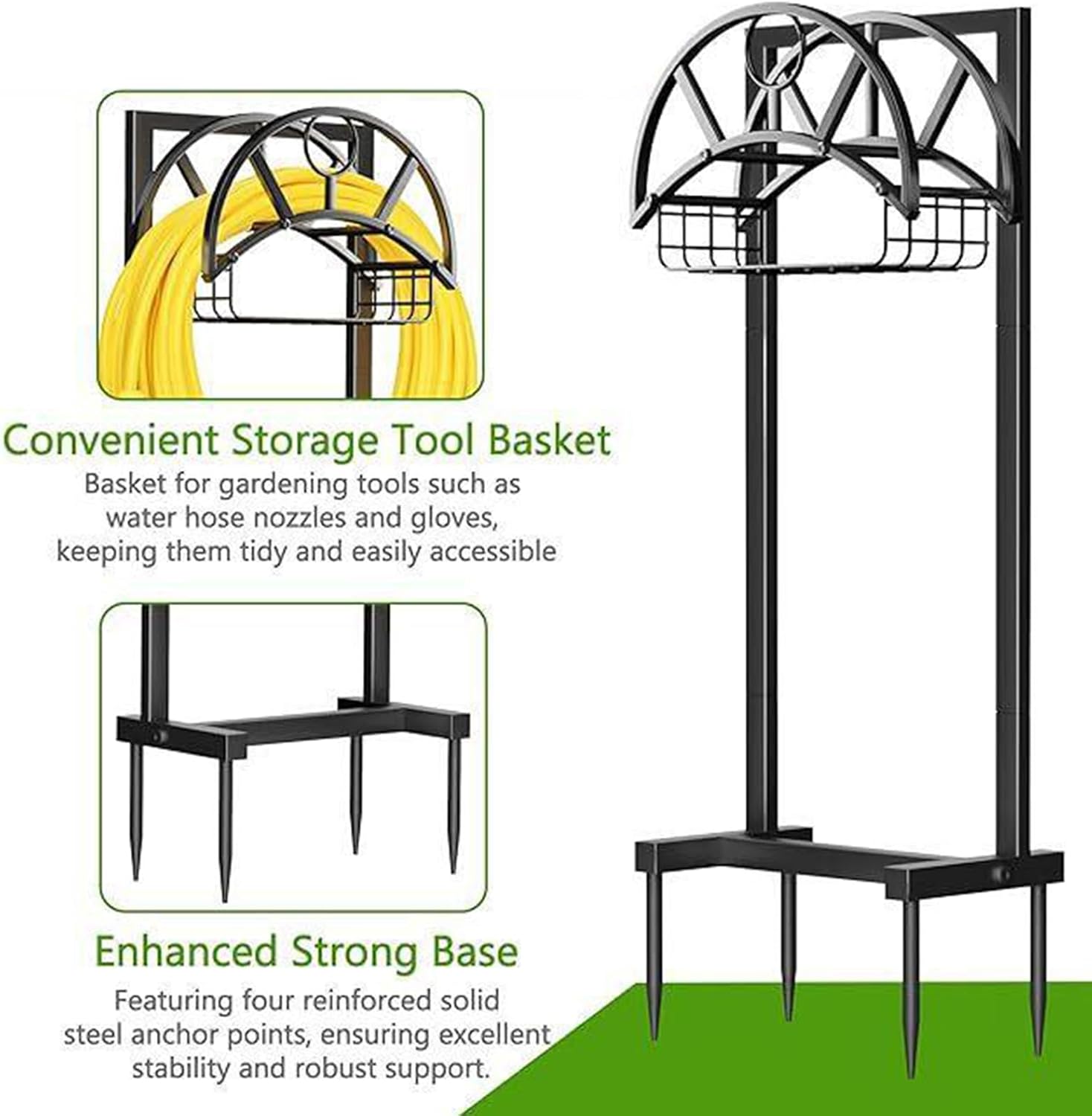 Strong 45M Capacity Water Hose Stand with Reinforced Bottom and 4 Anchoring Spikes for Secure Placement Wide Base Hose Planner