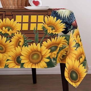 Rustic Waterproof Table Cloth Farmhouse Barn Chicken Sunflowers Flowers Wood Grain Waterproof & Wrinkle Table Cover, Washable Polyester Soft Fabric Table Cloth for Outdoor Indoor Parties