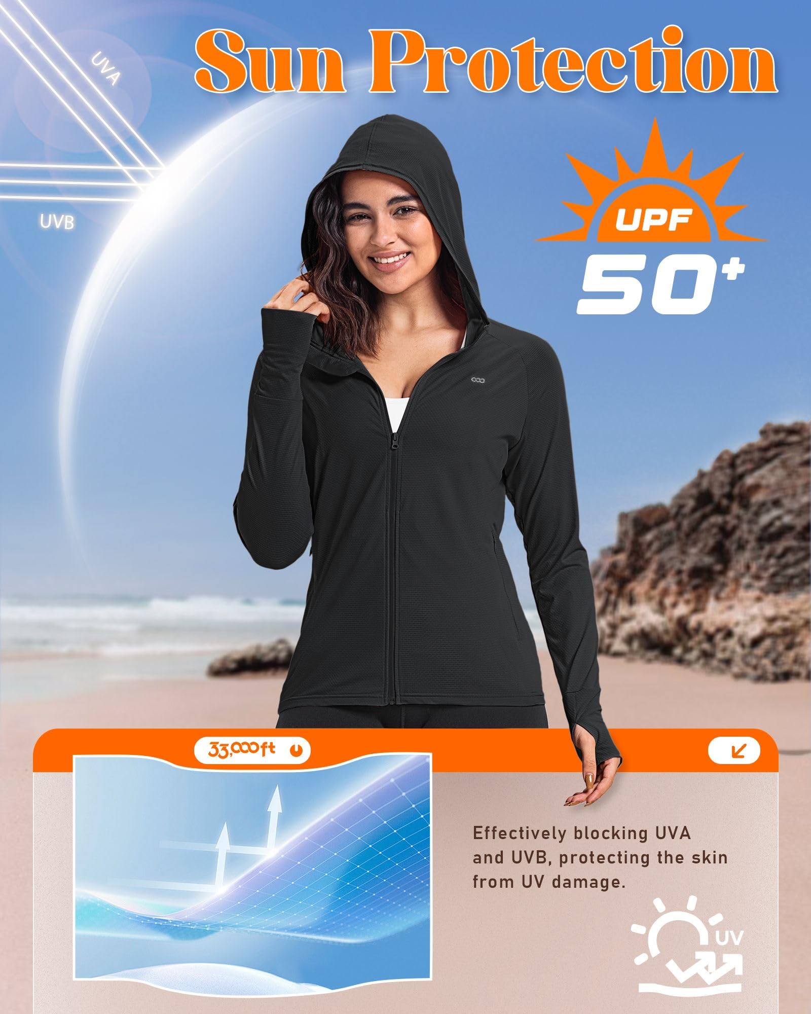 33,000ft Veste de course légère pour femme, veste de sport UPF 50+, sweat à capuche entièrement zippé, avec trou pour les pouces, veste de survêtement respirante avec 4 poches pour la course à pied
