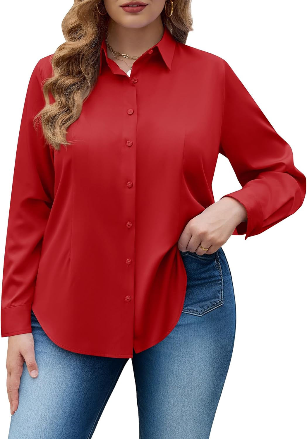 siliteelon Plus Size Button Down Shirts for Women Long Sleeve Dress Shirt Stretch Collared Shirt Work Office Blouse Top - Image 8