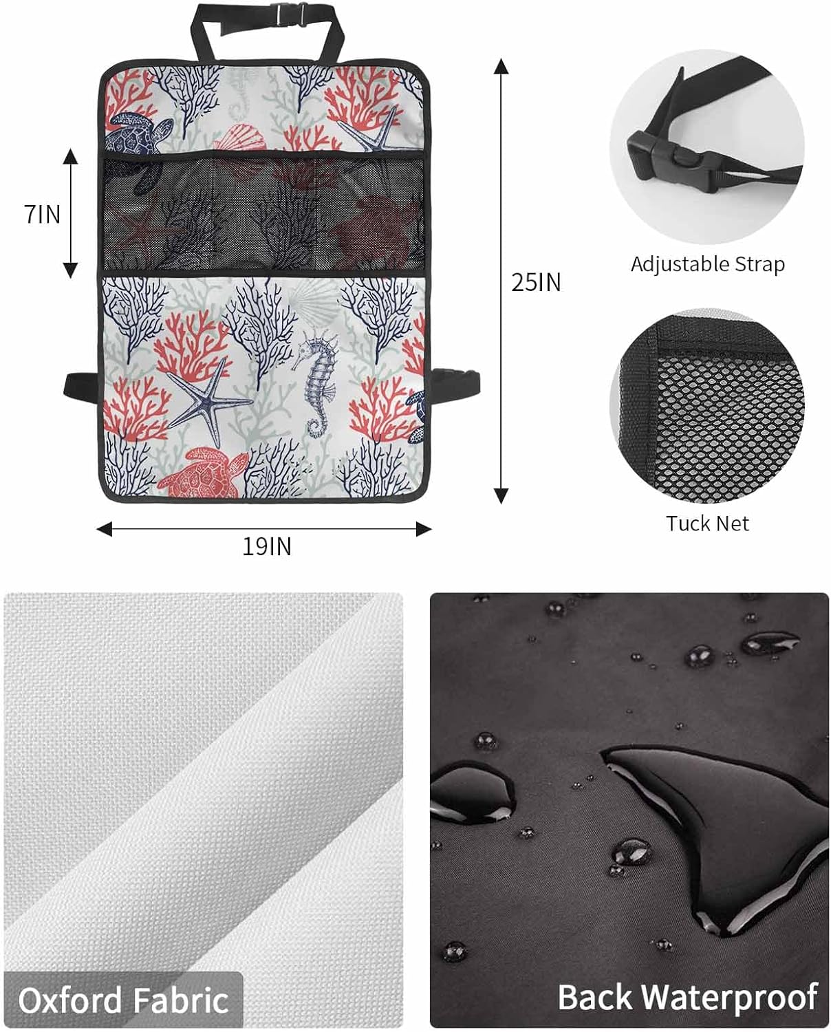 T&H XHome Car Seat Protector, 2 Pack Kick Mats with Organizer - 3 Pocket Storage, Summer Ocean Sea Turtle Red Coral Sea Back Seat Cover for Kids Universal Fit Automotive Interior Protectors