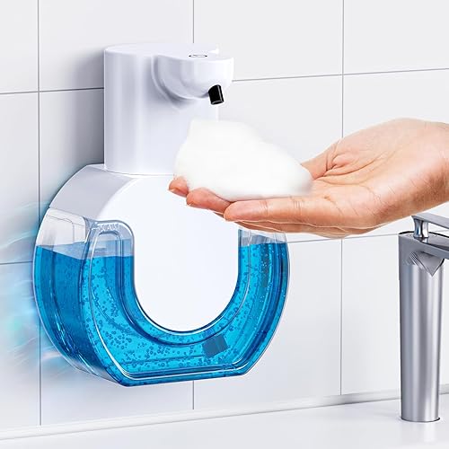 Dispensador automático de jabón, sensor manos libres, 4 niveles de espuma ajustables, recargable y montaje en pared (15 oz14.2 fl oz) para baño y