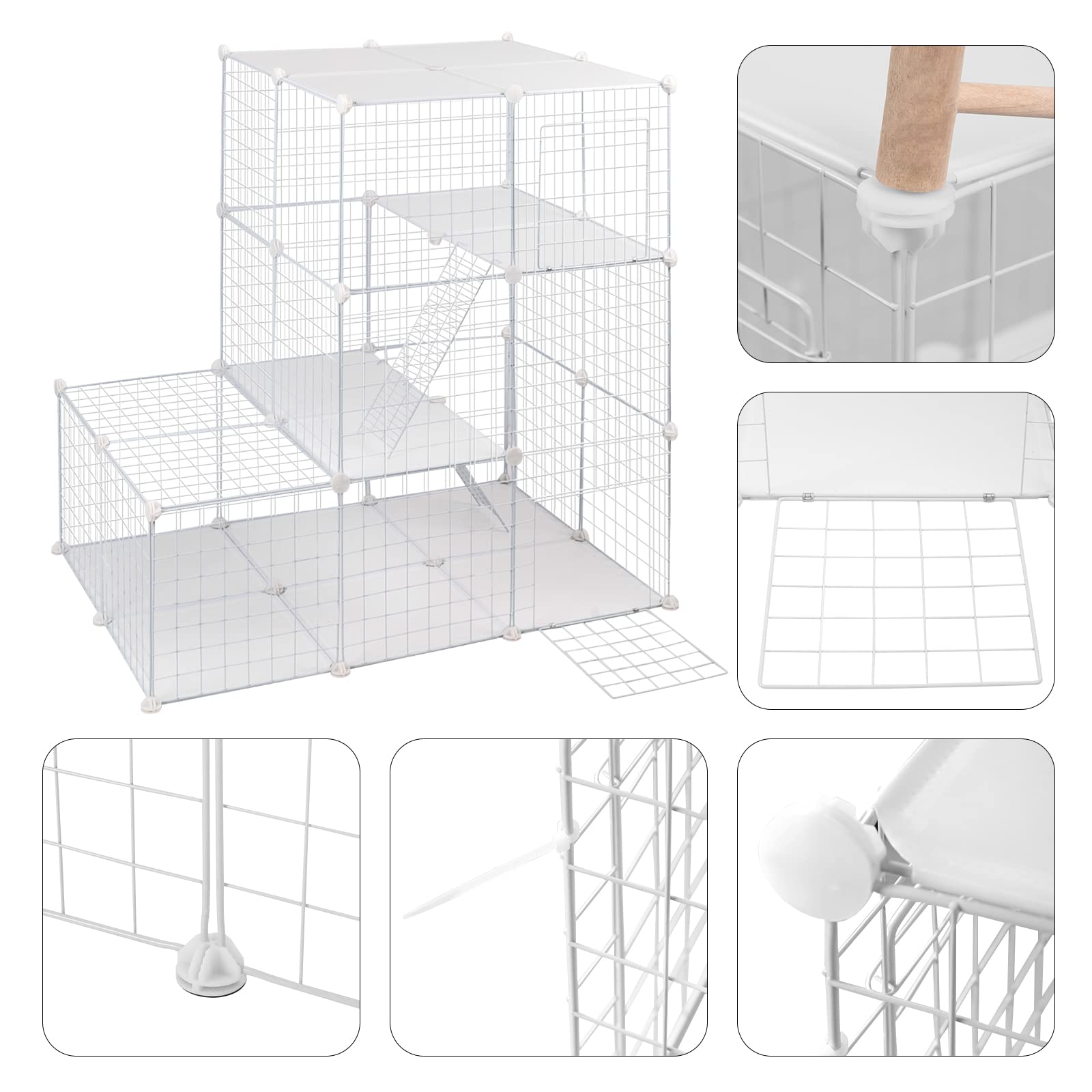 EUGAD Enclos Lapin avec Fond, Cage Cochon d'Inde, Modulable, avec 2 Portes et 2 Échelles, Blanc, 110x75x110cm