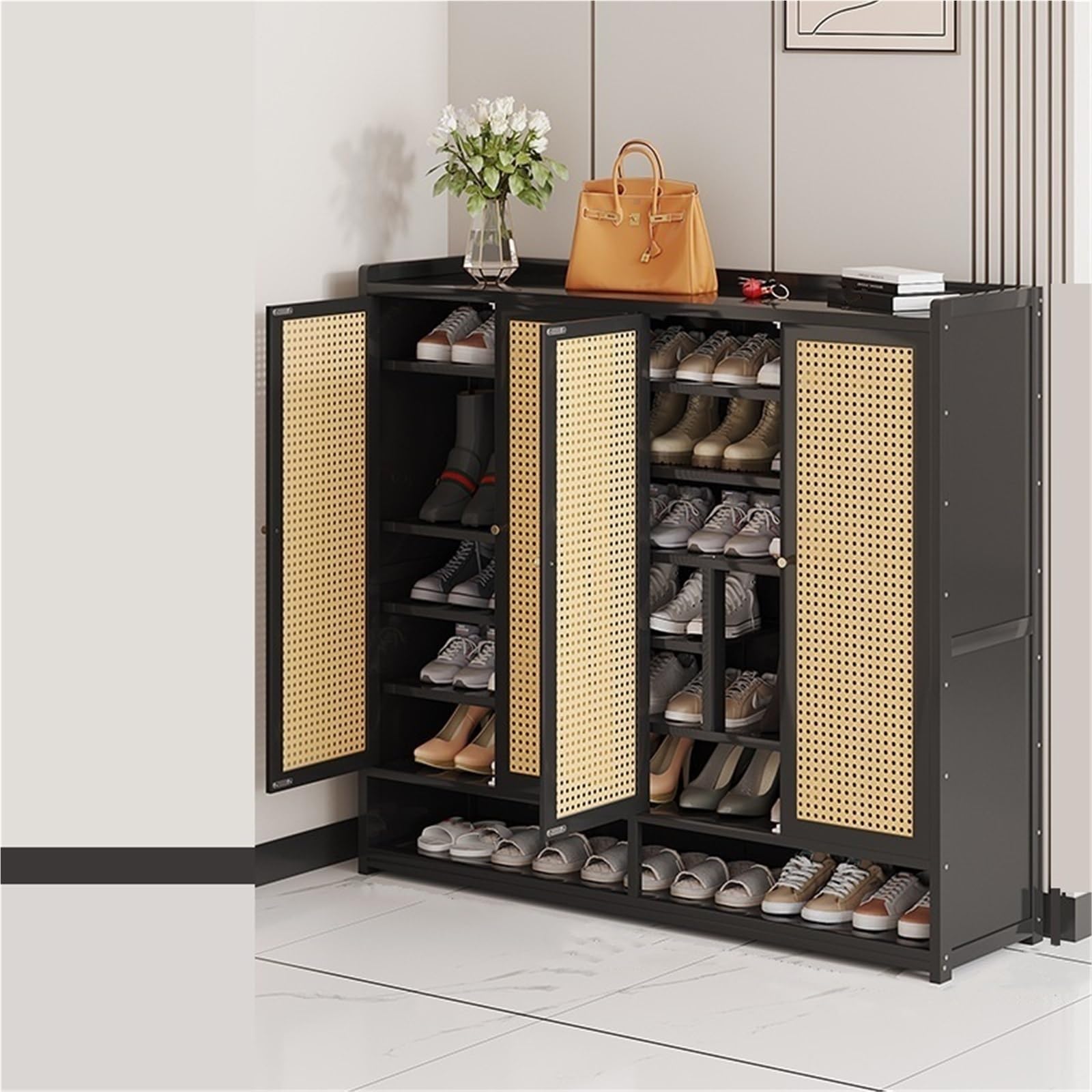 SDCFFC 7 Tier Bamboo Shoe Storage Cabinet with Boot Storage Freestanding Shoes Racks with Doors Shoe Cabinet Shoe Shelves Organizer for Entryway Hallway Bedroom,Freestanding Organizer