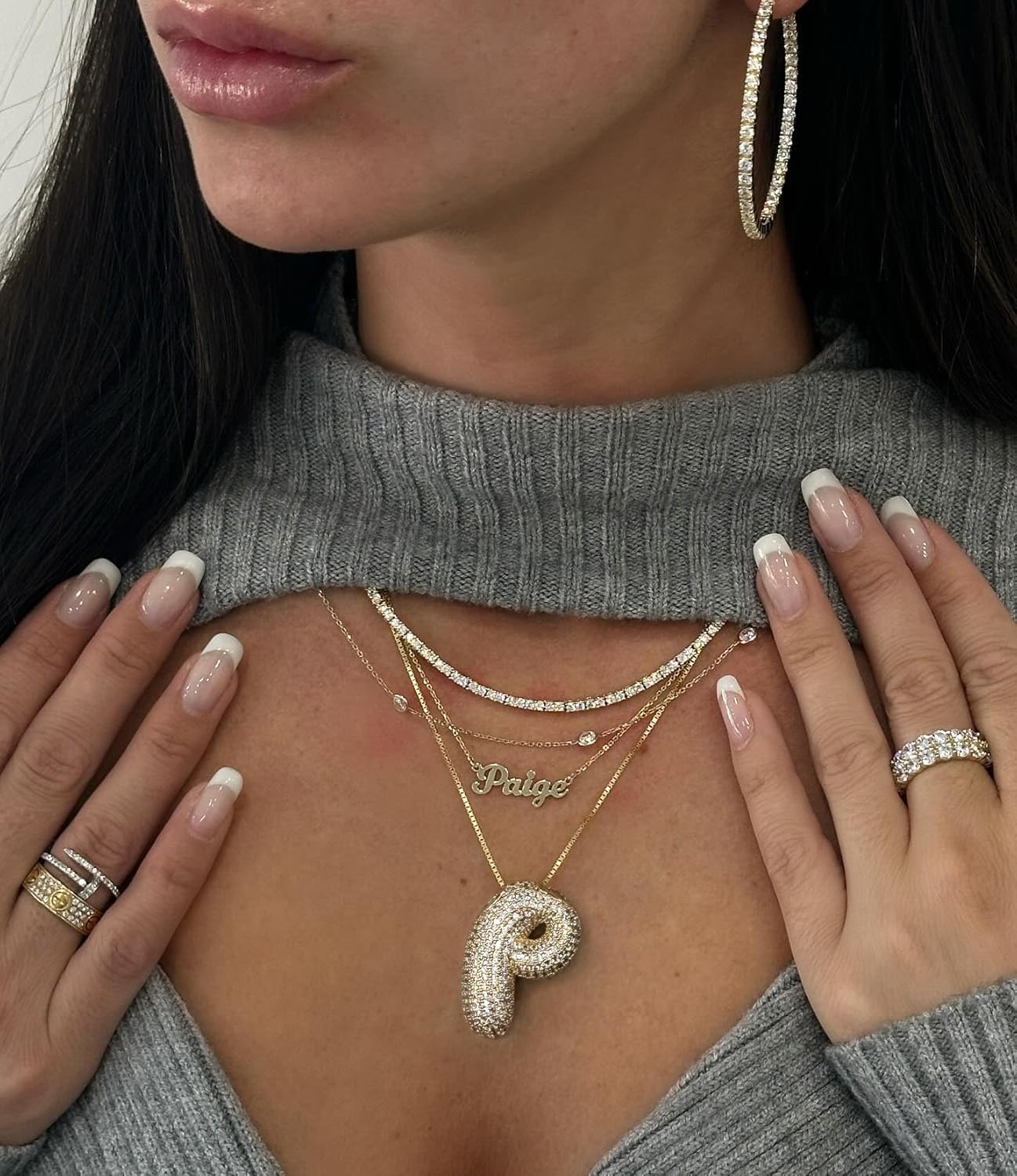 Bubble Letter Necklace, 14k Gold/Silver Balloon Initial Diamond Pendant Chain Necklace Dainty Pave Jewelry Gift for Women - Image 3