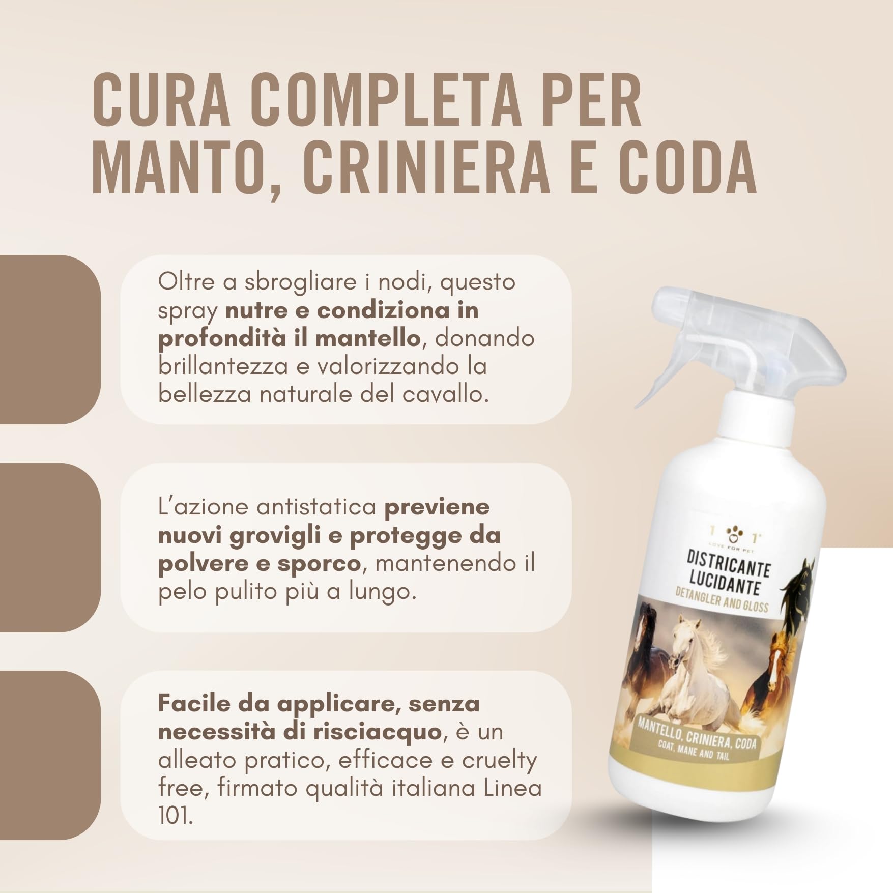 Districante Cavalli Spray Naturale 750 ml Lucidante e Detergente Vegetale per Manto, Criniera e Coda Districante per Cavalli Non Unge, Effetto Shine, Cruelty Free