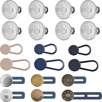 12 Sets Button Pins for Loose Jeans, 8PCS Button Extenders for Jeans, No Sew and No Tools Instant Replacement Pant Button and Waist Extension