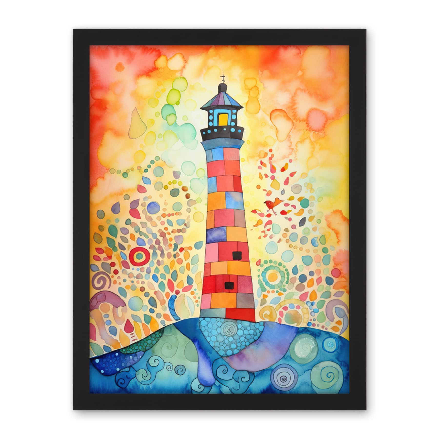 Artery8 Lighthouse At Sunset Dreamy Folk Art Watercolour Painting Artwork Framed Wall Art Print 18X24 Inch