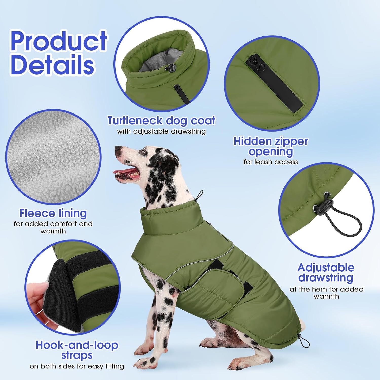 ASENKU Extra Warm Dog Coat - Winter Jacket with Fleece, Reflective, Adjustable, Zippered Leash Hole for Large Dogs (Green, 3XL)