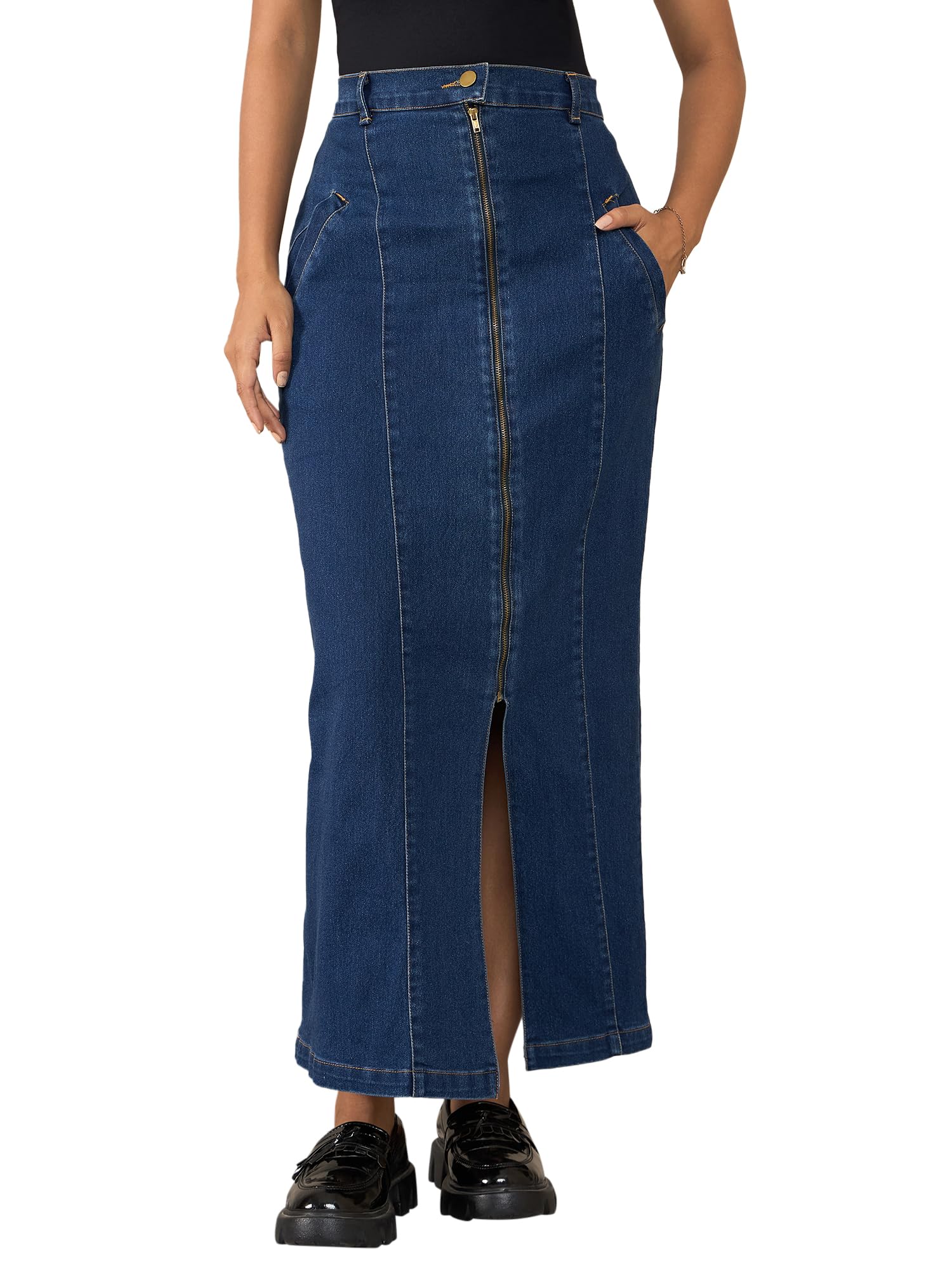 stylestone Women's Denim Skirt with Slanting Zip Detail-picture-19