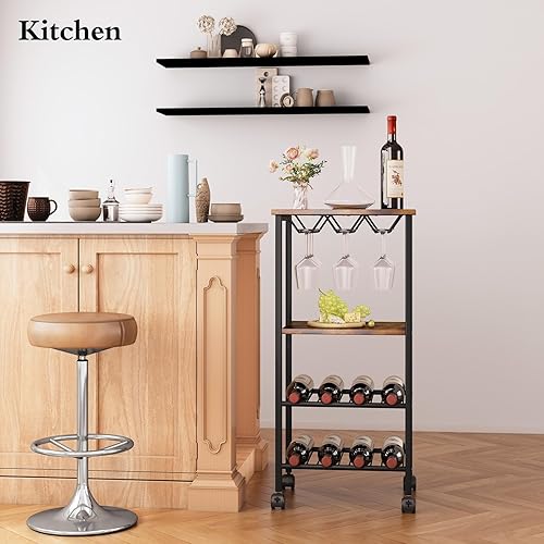 Miniatura 8 de Estante de vino independiente  Carrito de bar de vino de 4 niveles con soportes para vasos, soporte de bar para almacenamiento de vino para bar en