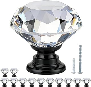 POZEAN Crystal Drawer Knobs 12 Pack, 1-3/16 inch Cabinet Knobs for Dresser with Cuttable Screws, Diamond Glass Pulls Handles (30mm, 12Pack, Clear-Black)