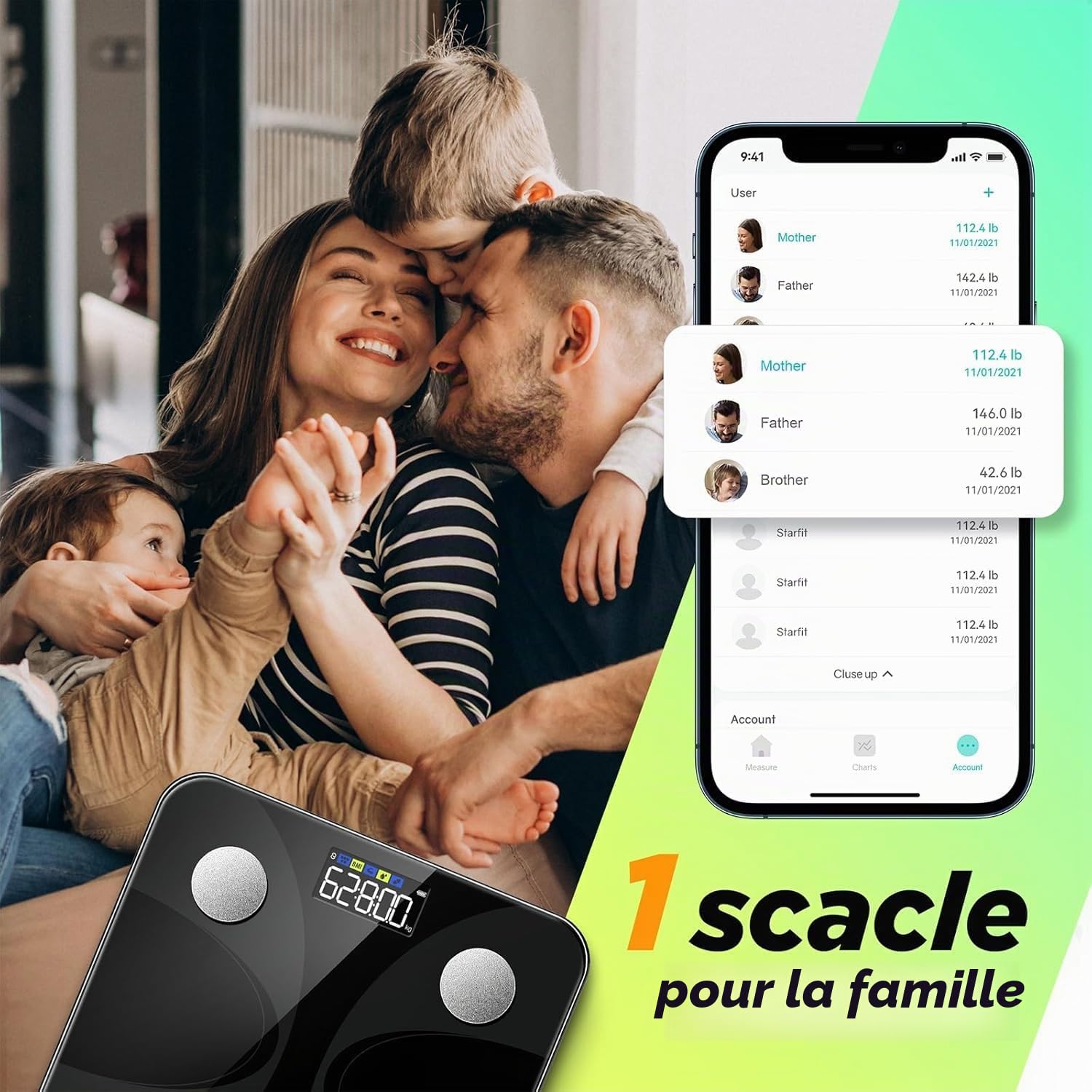 RunSTAR Balance Pese Personne Pour Poids et Masse Grasse, Haute Précision avec Grand Écran, Balance Connectée avec APP 13 Données Corporelles Poids, Max 180kg/ 400lb, Noir