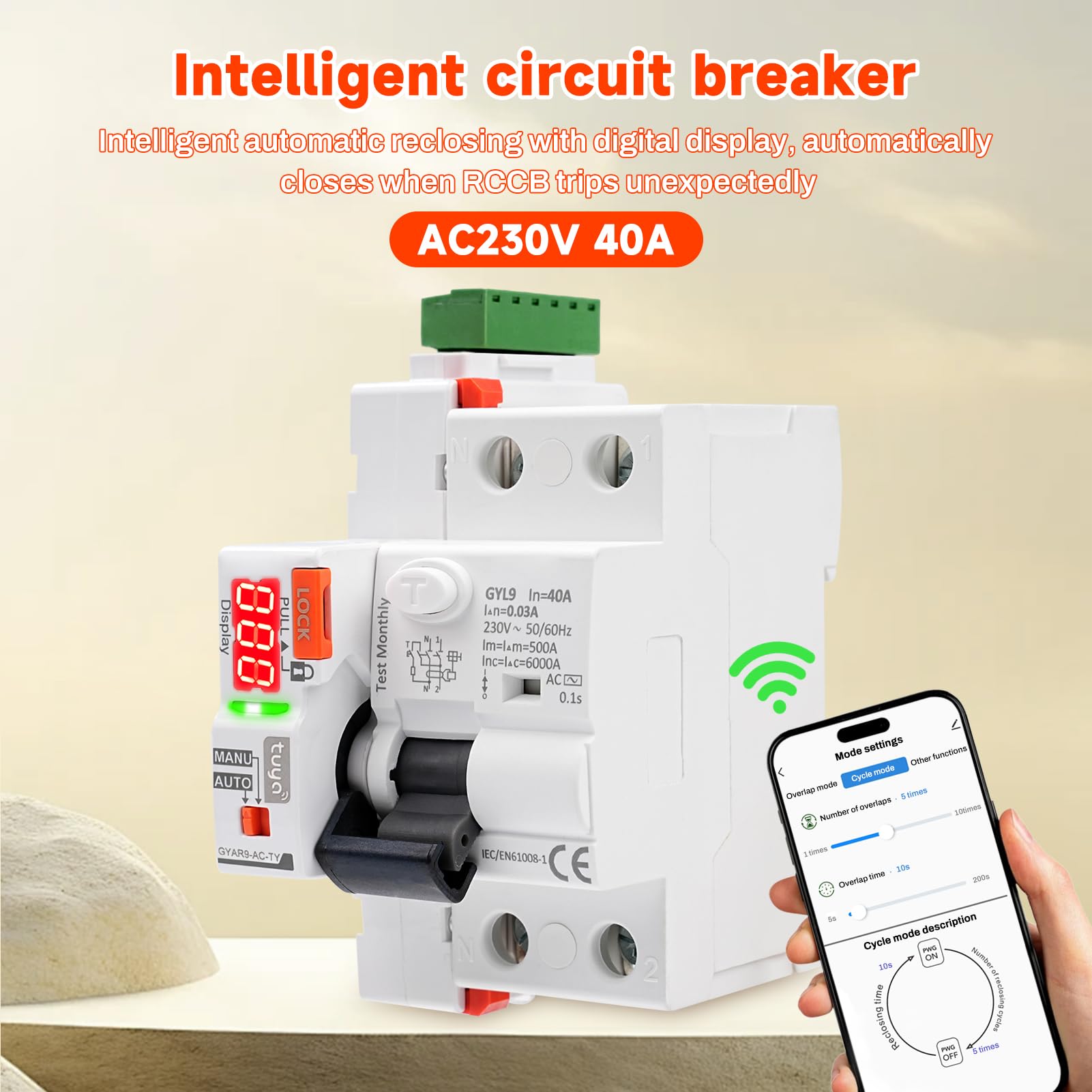Jadeshay Interruttore Differenziale WiFi 40A 30mA Salvavita con Riarmo Automatico Magnetotermico Interruttore Controllo Remoto Tramite Tuya sul Cellulare o Manuale,Differenziale Tipo AC Display LED