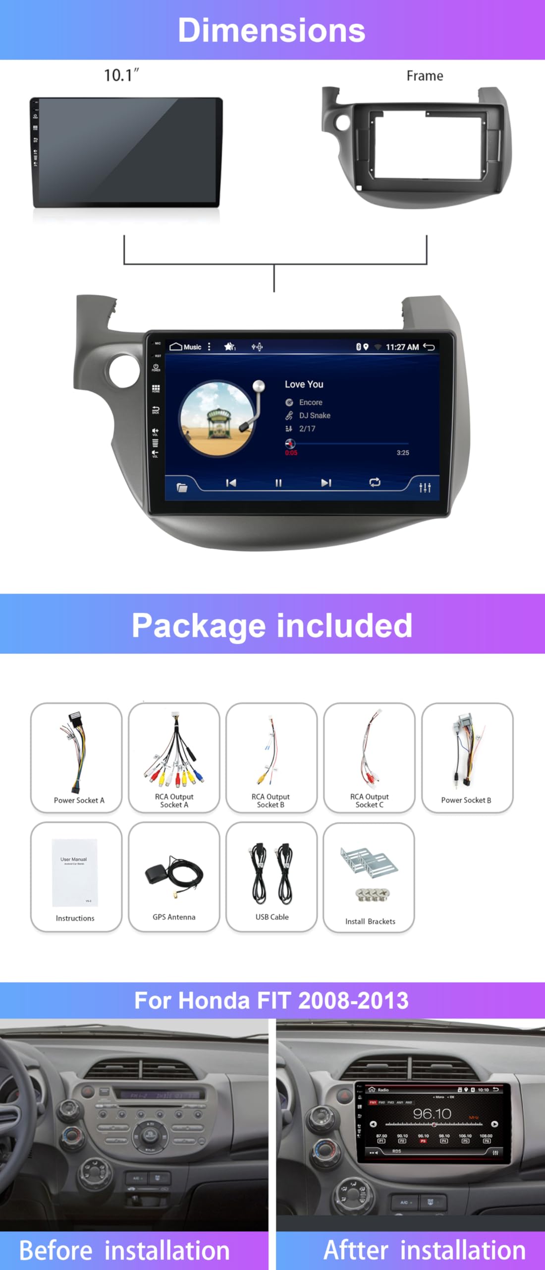 Autoradio 2 Din Android 15 per Honda Fit Jazz 2008-2013 Supporta Wireless Carplay, Android Auto, WLAN, BT, GPS, AUX, MirrorLink, WiFi, RDS, FM, USB 10 pollici IPS