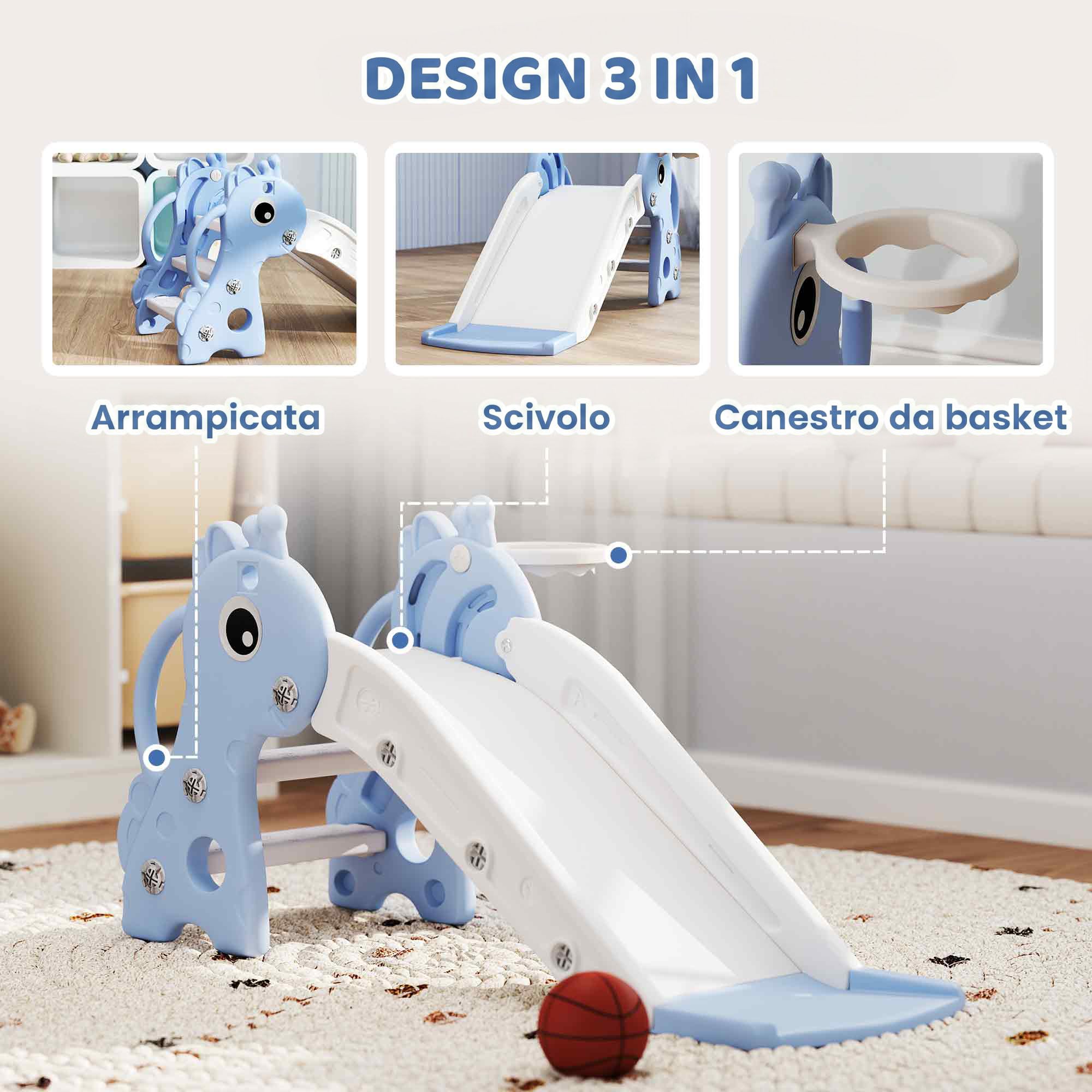 AIYAPLAY Scivolo per Bambini con Scaletta Canestro da Basket, 1-3 Anni Blu | Con Pallone, Set di Scivolo in Plastica con Design Giraffa, Corrimano Laterali, per Interno ed Esterno
