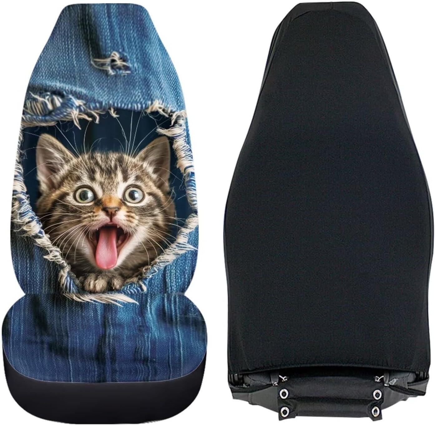 HUGS IDEA Denim Cat Front Set Car Seat Covers for Bucket Seats 2 Piece Seat Cover Auto Accessories Interior Seat Covers Universal Fit for SUV, Sedan, Van