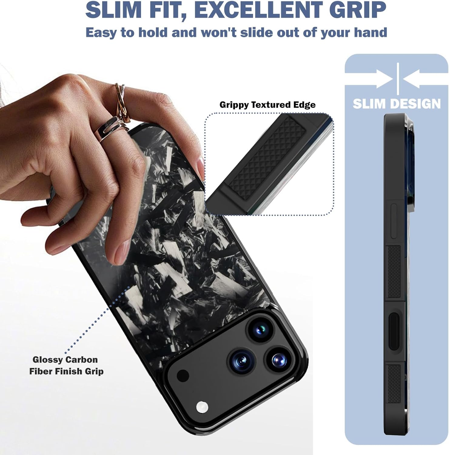 molzar Grip Series for iPhone 17 Pro Max Case with Real Forged Carbon Fiber, Grippy Edges Design, Built-in Magnets, Compatible with MagSafe Chargers and Accessories, Glossy Black