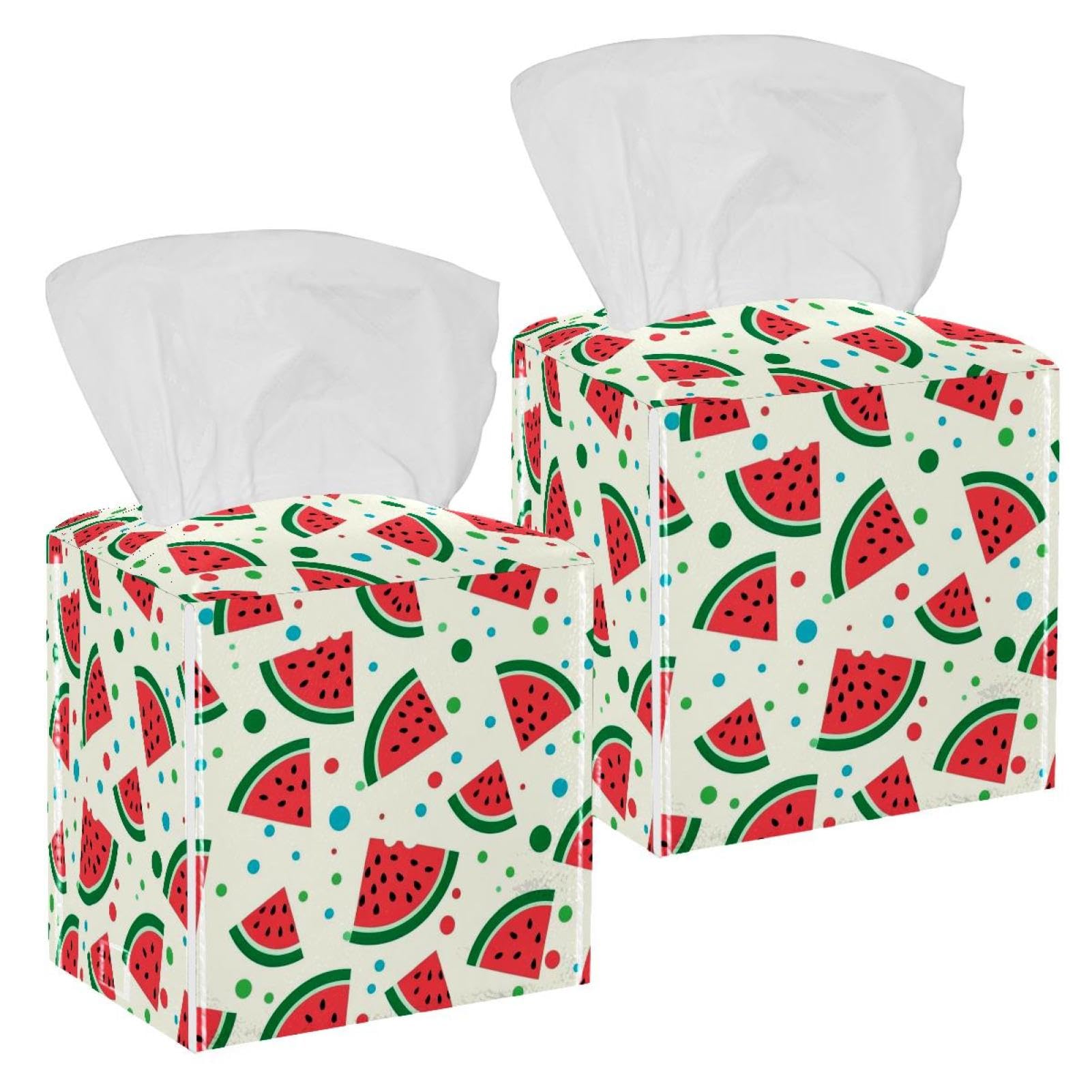 Watermelon Tissue Box Cover, 2 Pack PU Leather Square Facial Tissue Dispenser Box holder for Home Office Car