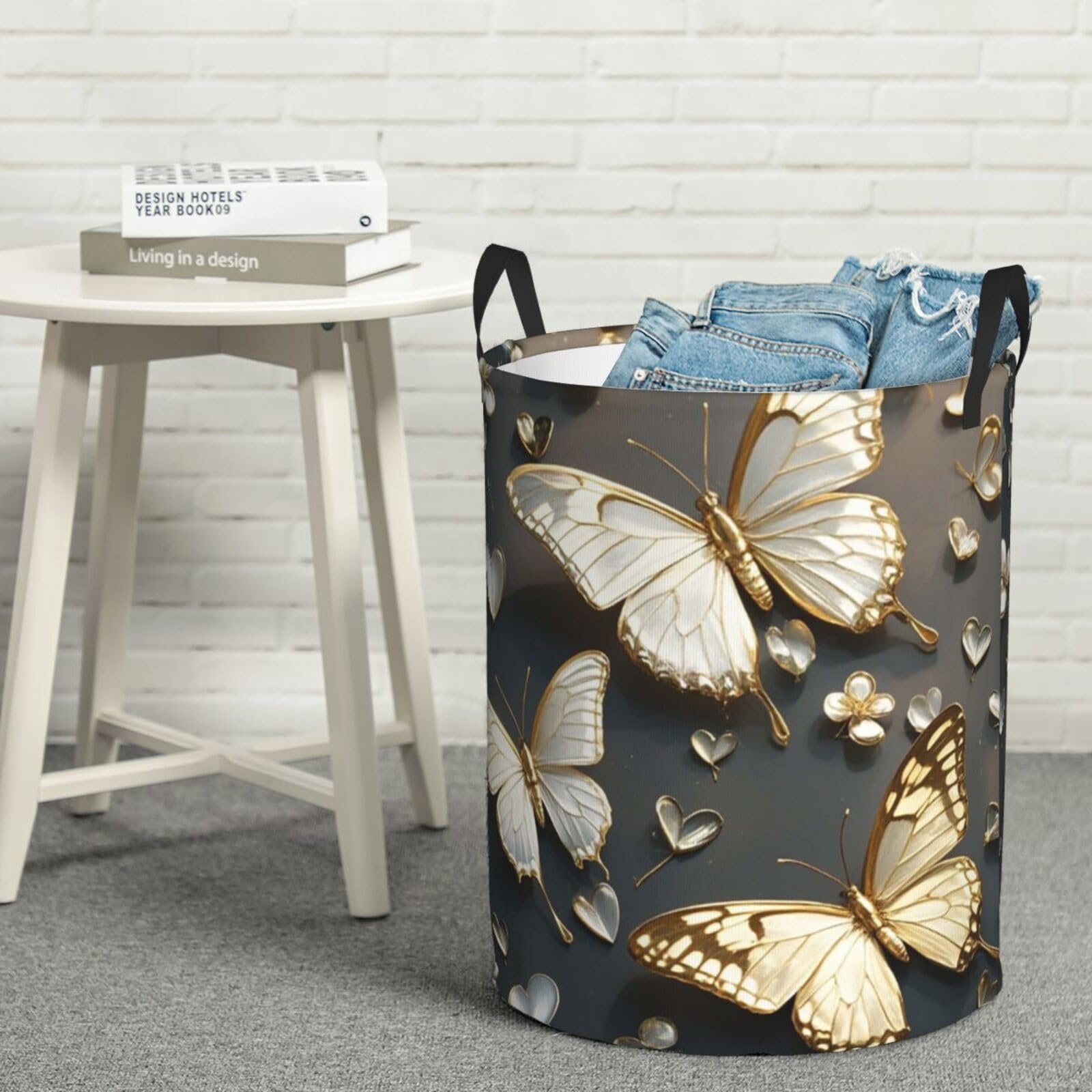 Cesto Portabiancheria Gold White Butterflies Black 50X40Cm | Cesto Portabiancheria Sporca Große Facile da pulire Stoccaggio Paniere per viaggi Dormitorio