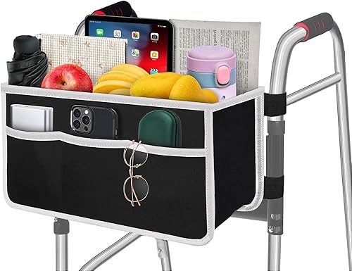 Bolsa plegable equipada con 6 correas elásticas, más fuerte que otras cestas para andar, cesta para andador con múltiples bolsillos y nunca se