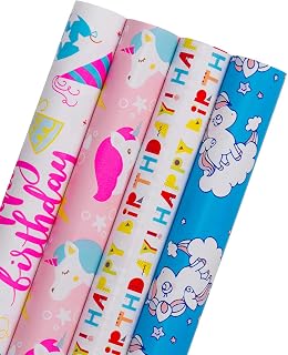 WRAPAHOLIC Birthday Wrapping Paper Roll - Unicorn Rainbow Pony Pink Blue with Cut Lines - 4 Rolls - 30 inch X 120 inch Per Roll