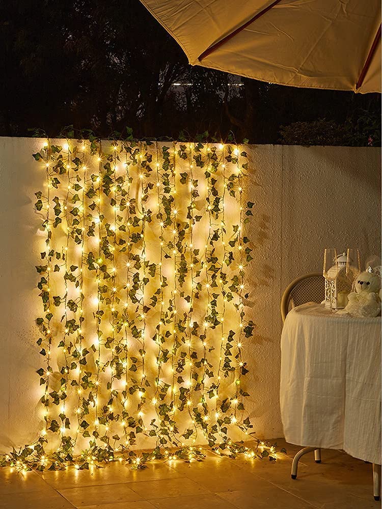 Artificial Ivy Garland Fake Vines with 32.8 Ft Lights String (100 LED) Decor Faux Green Hanging Plant Greenery for Wall Party Wedding Room Home Kitchen Indoor & Outdoor Decoration (Solar Powered)