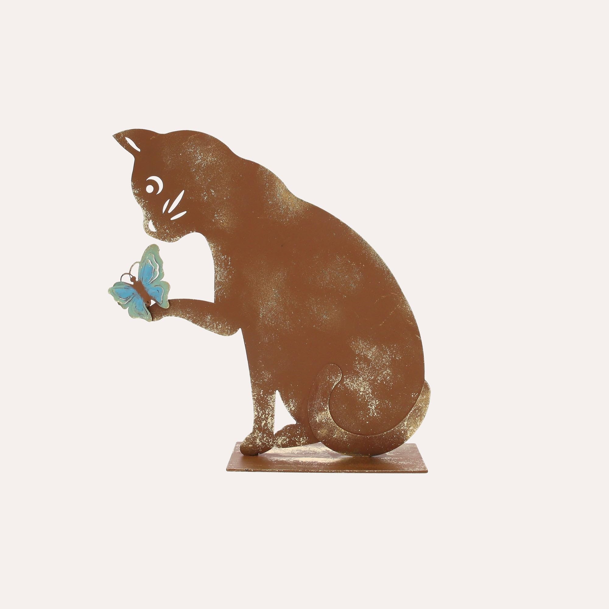 Keyhomestore | Gatto con Farfalla in Ferro Corten Marrone Ruggine (27x28x8 cm)