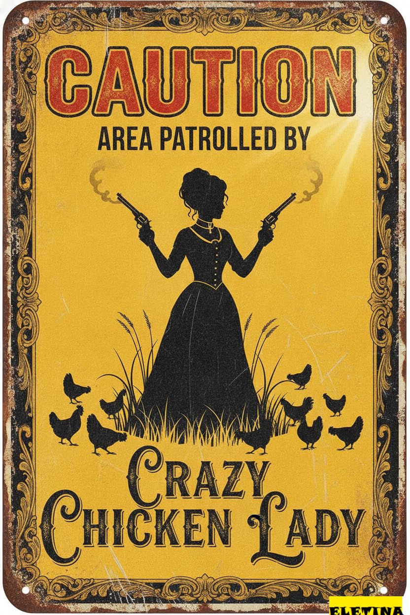 Crazy Chicken Lady Caution Tin Sign, 8x12 Inch Decor