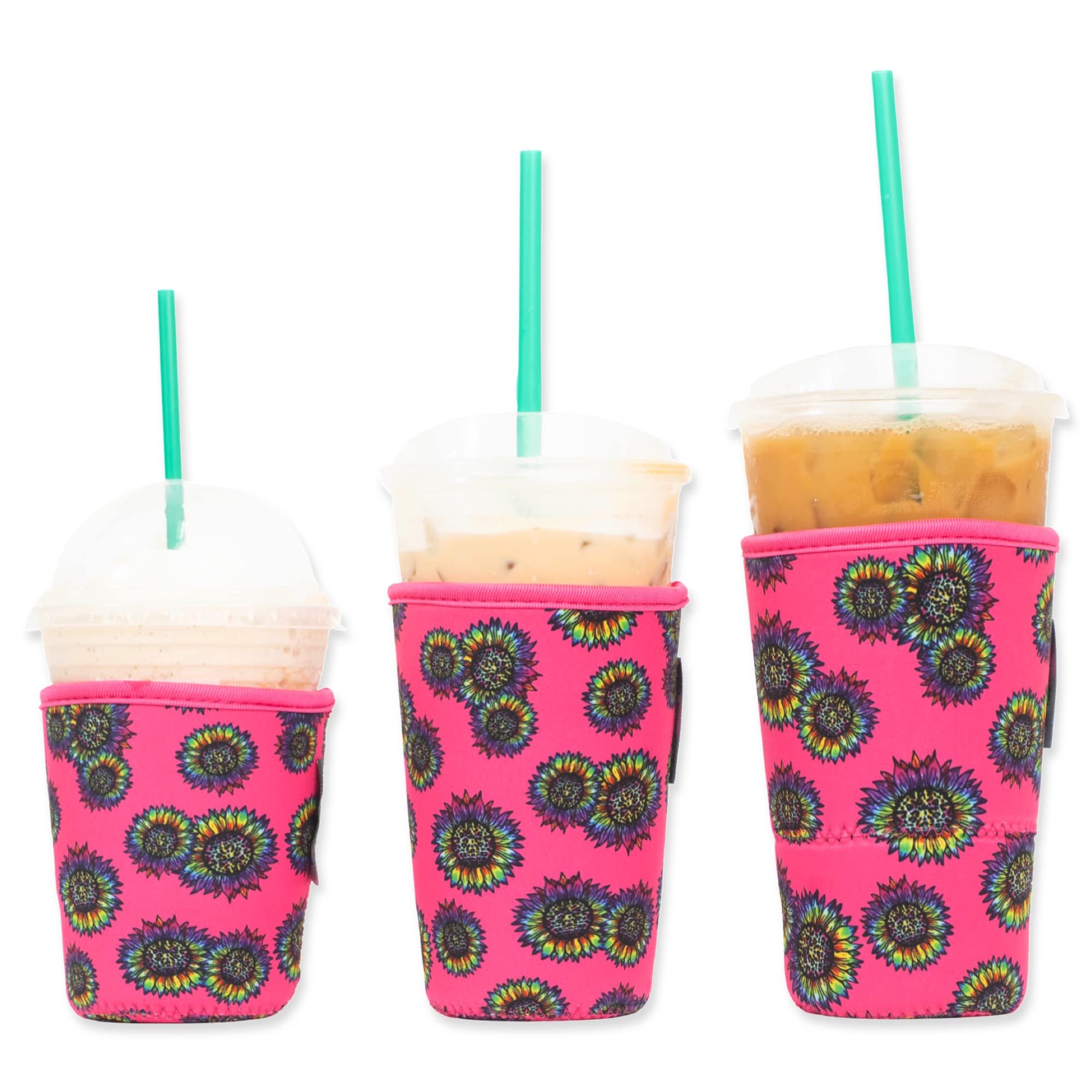 Baxendale Iced Coffee Sleeve for Cold Drink Cups - 3 Pack Neoprene Iced Coffee Sleeve Cup Sleeves for Cold Drinks, Reusable Compatible with Starbucks Dunkin, 4mm-Thick (Sunflower Full Print Pink)