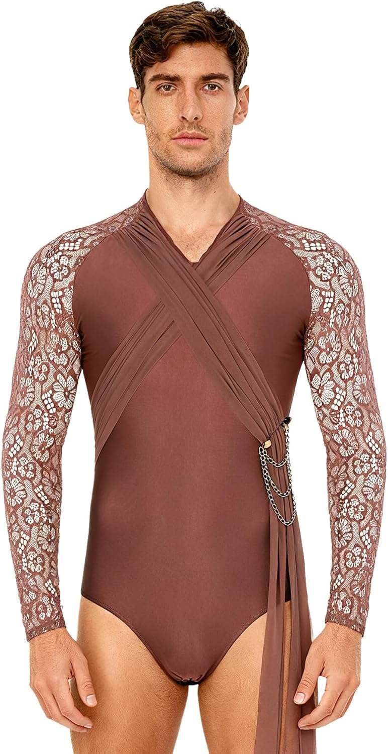 TiaoBug Men's Ballroom Dance Shirt Sheer Lace Long Sleeve Leotard Bodysuit for Ballet Latin Chacha Gymnastics