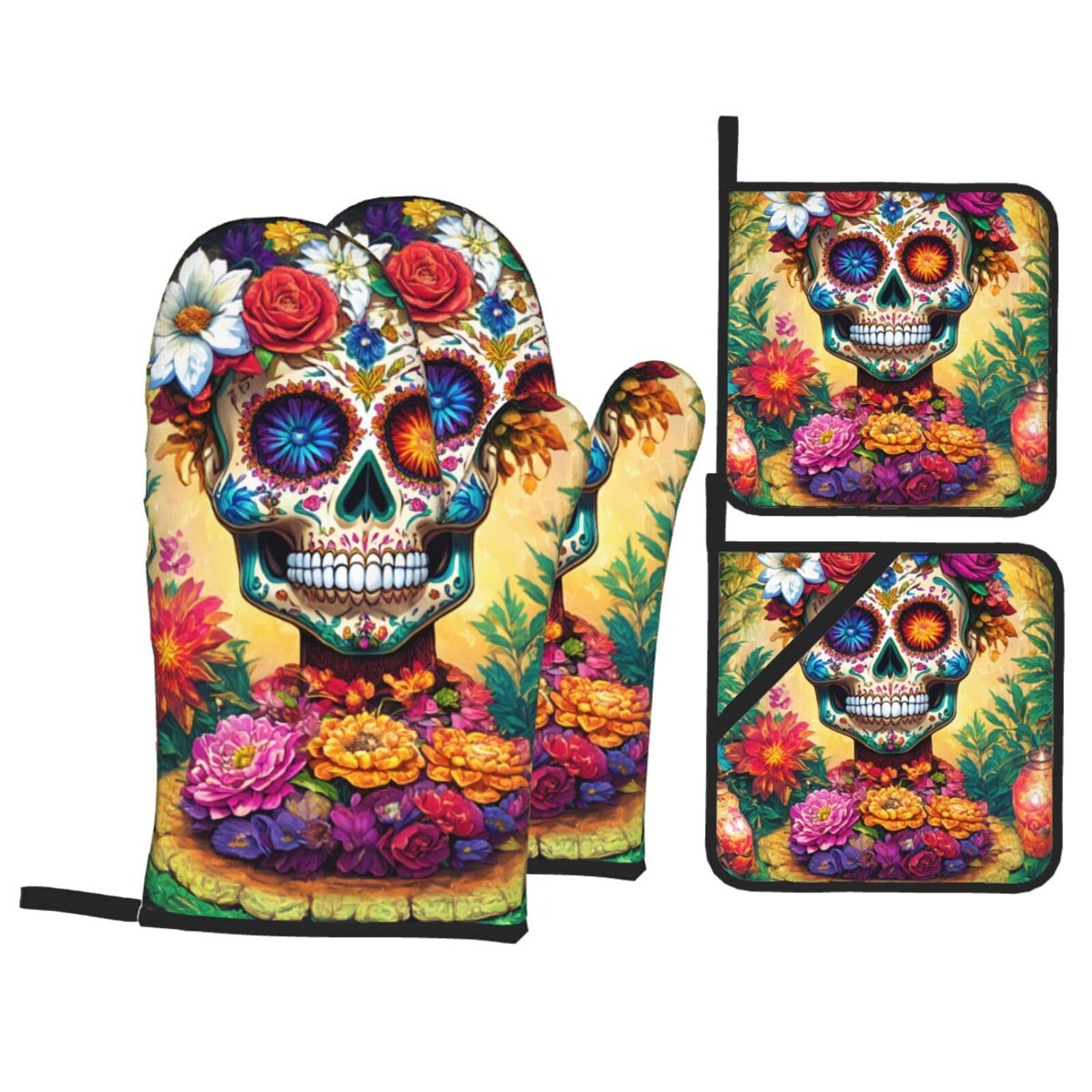 Colorful Flower Skulls Print 4-Piece Oven Microwaving Set Kitchen Gloves for Holiday Cooking Baking Grilling