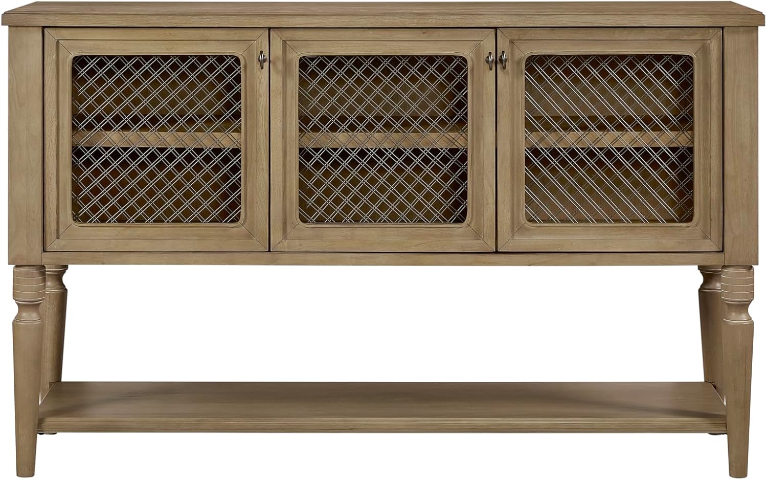 Server with Mesh Door Fronts in Cashew Finish - Decorative Metal Mesh Cabinet, Spacious Shelving Storage, Open Lower Shelf and Turned Legs