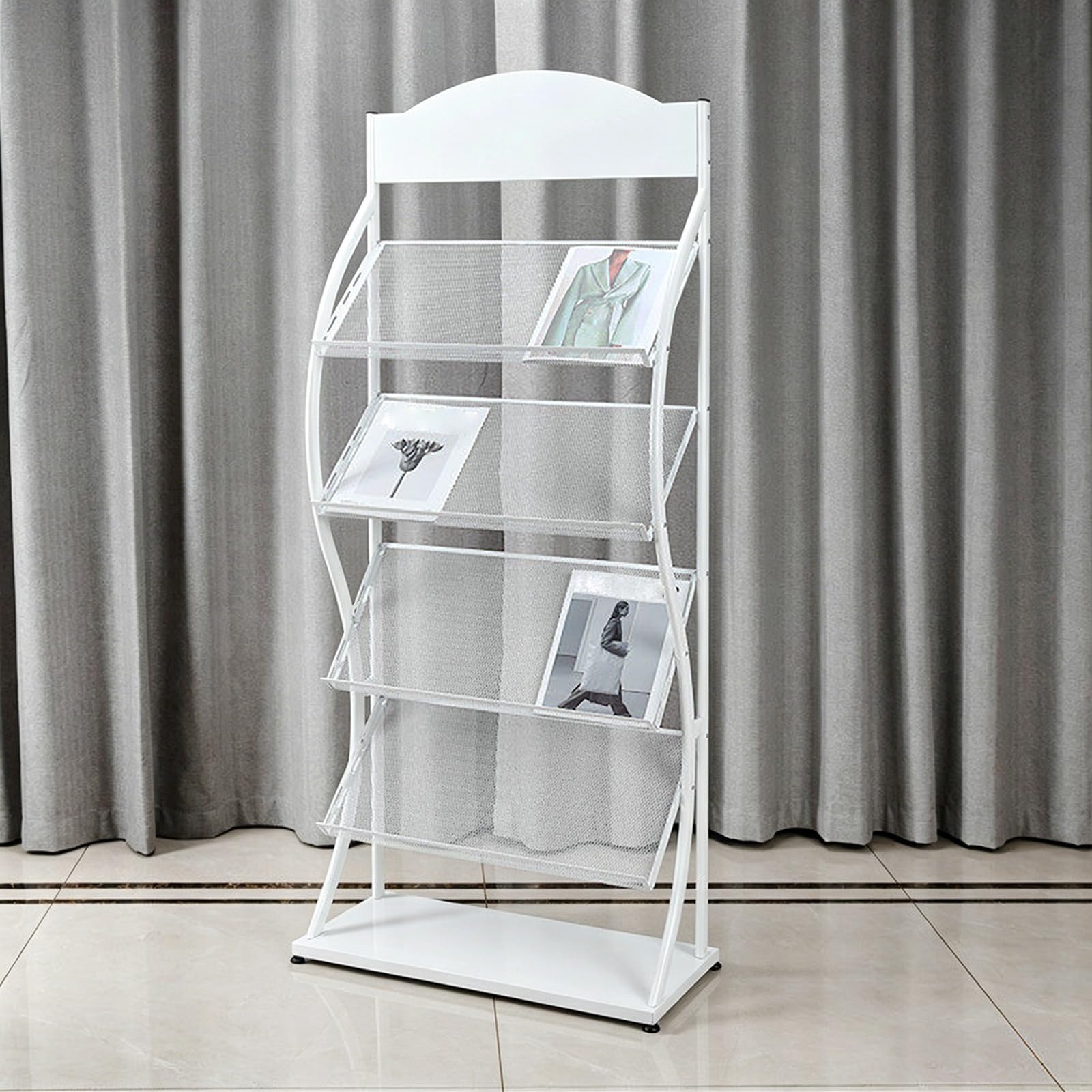 CJWKXQOL Floor Standing Metal Magazine Display Rack, Brochure Holder with Top Billboard, Literature Organizer for Office、Home Lobby、Exhibition、Reception(White)