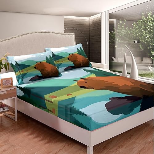 Miniatura 8 de Sábanas bajeras de Capybara para niños pequeños, sábanas bajeras de animales salvajes de dibujos animados para niños y niñas, juego de ropa de cama