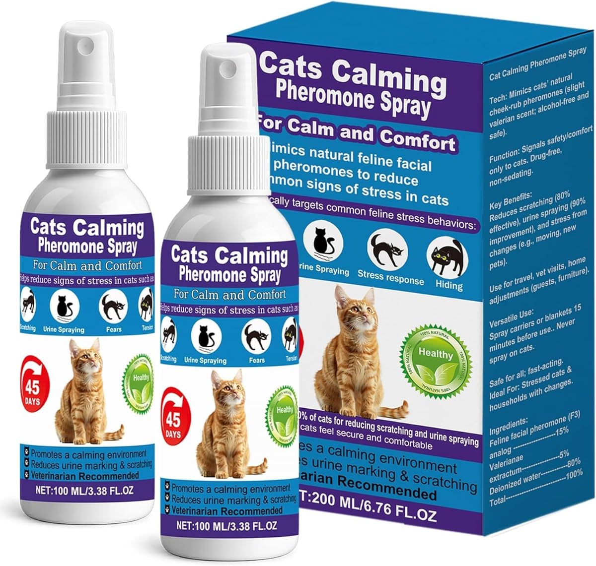 Cat Calming Spray & Cat Pheromone Spray – Stress & Anxiety Relief for Cats & Kittens, Reduces Scratching, Peeing & Marking, Safe Drug-Free Formula with F3 Cat Pheromones 2 * 100ml