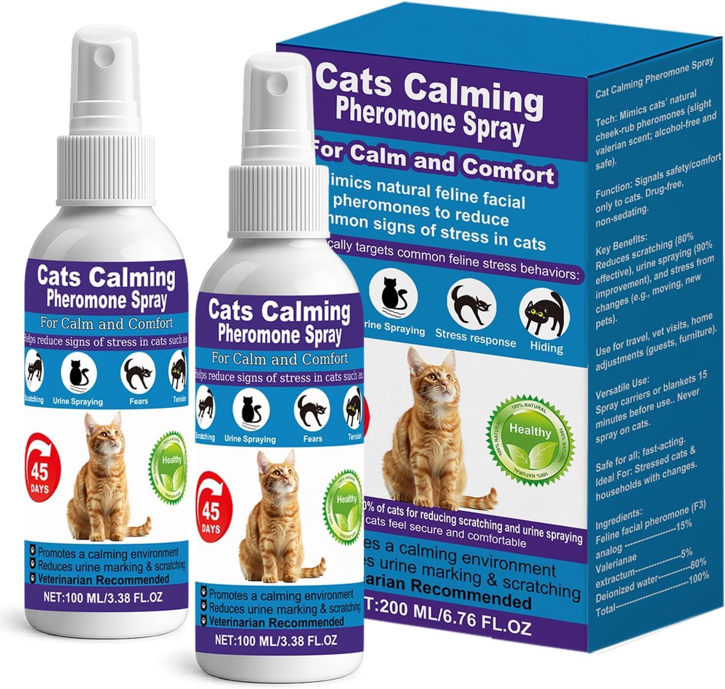 Cat Calming Pheromone Spray for Stress & Anxiety Relief – Reduces Scratching, Urine Spraying, Hiding – Drug-Free & Vet Recommended – Feline Calm Spray with F3 Facial Pheromone 2 * 100mL 8.5oz