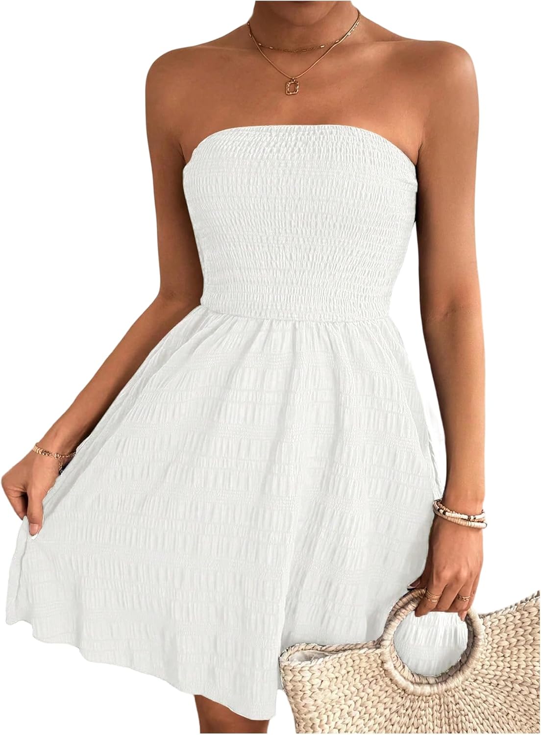 SOLY HUX Women's Summer Dress Strapless Tube Smocked Sleeveless A Line Flowy Short Dresses Sundress
