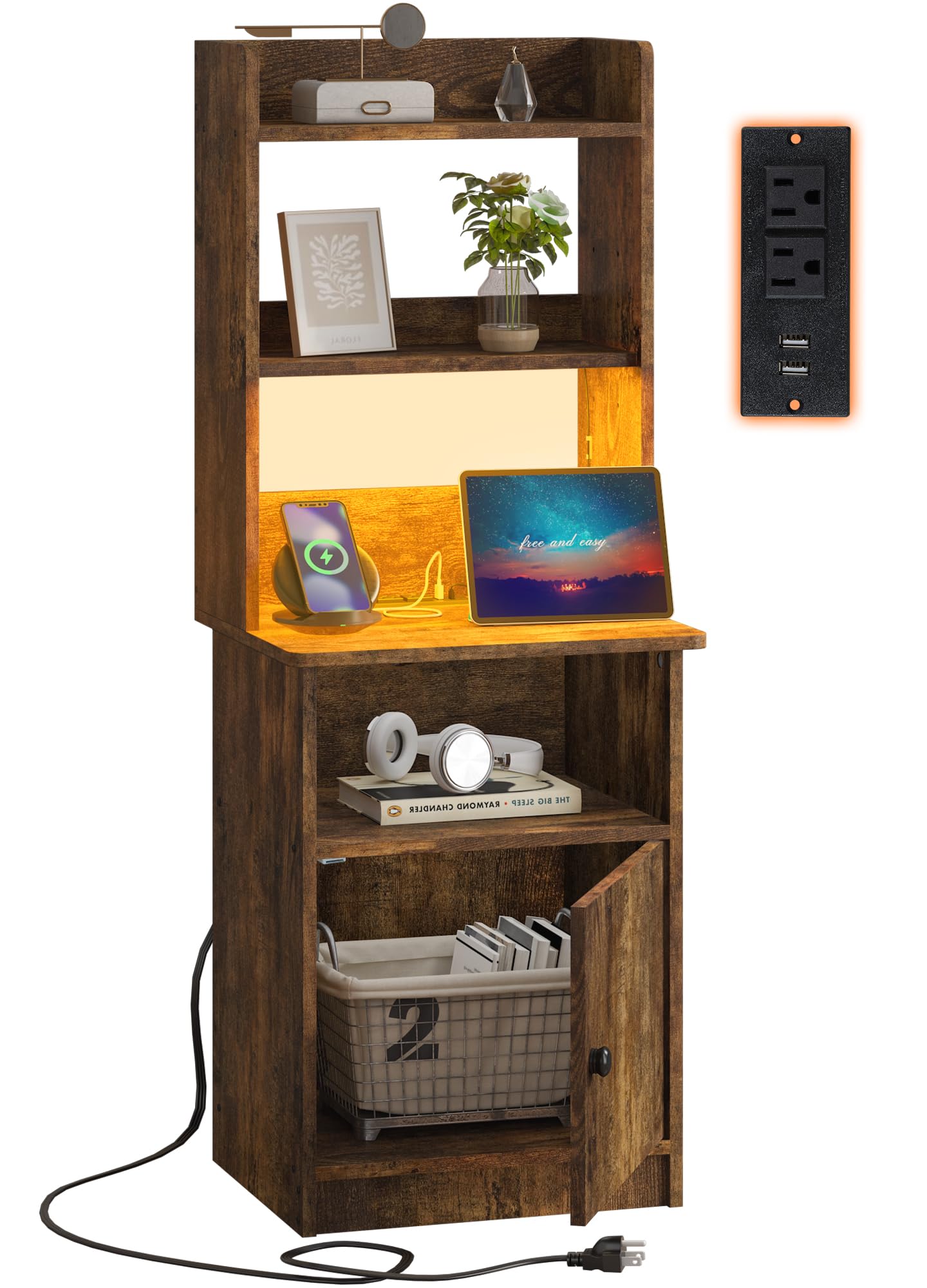 Clikuutory 47" Tall Nightstand with Charging Station & LED Lights, Large Nightstand with Adjustable Bookshelf, Modern Bedside Table with Storage Cabinet for Bedroom, Home Office, Rustic Brown