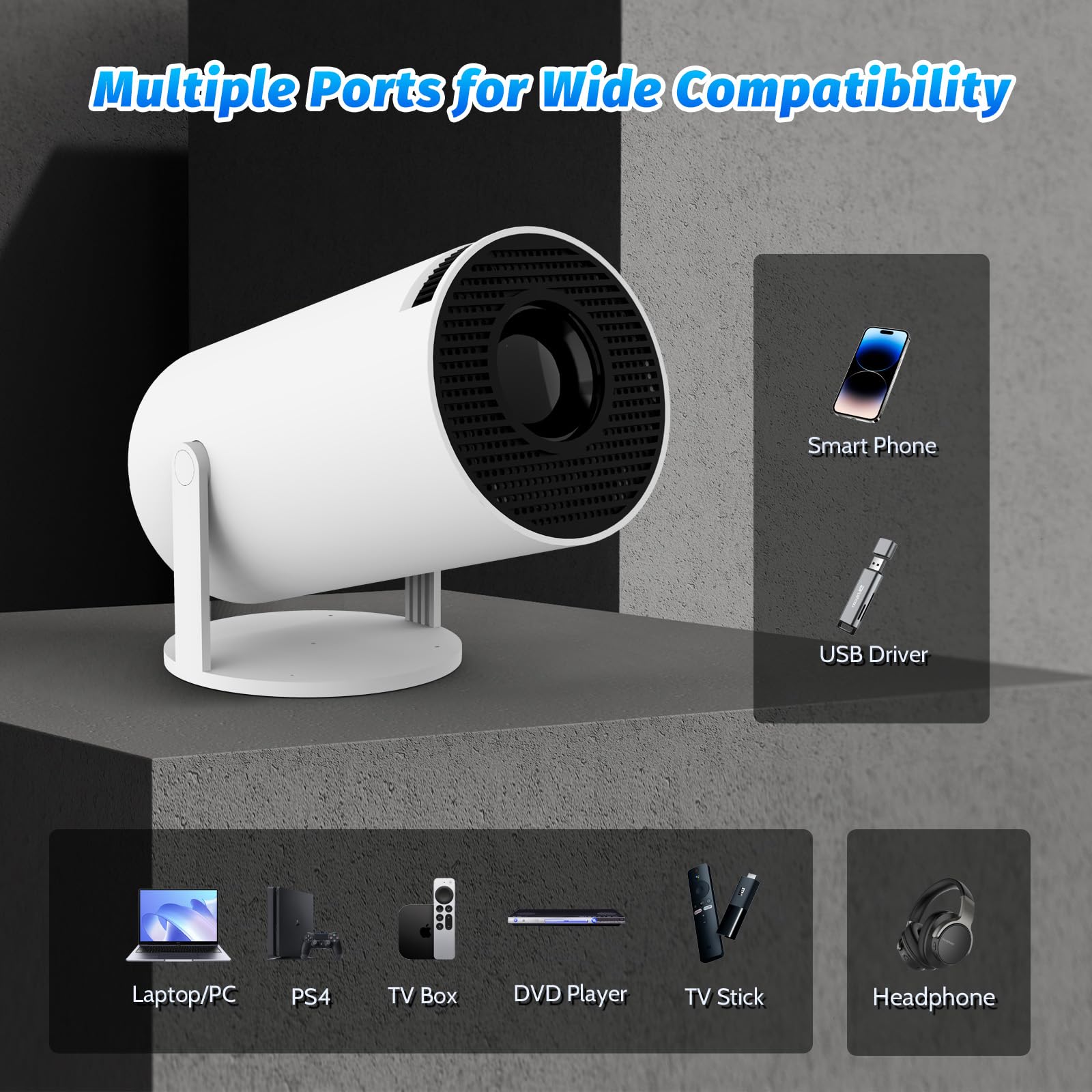 Mini projecteur 4K Support 1080P Smart WiFi 6 Android 11.0 BT 5.0 Écran 130'' Rotation 180° Correction Automatique Trapèze Portable