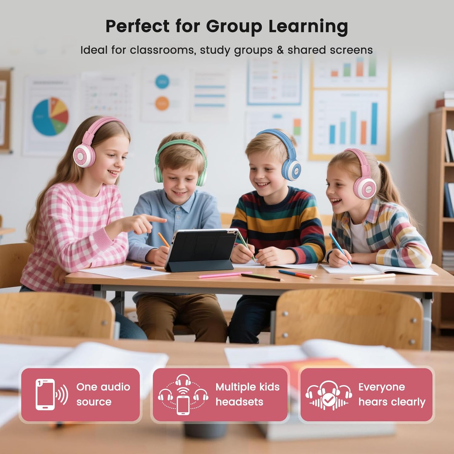 SIMOLIO Kids Bluetooth Headphones with Auracast Audio Sharing for Group Listening - Stream from One Bluetooth Device to Multiple Headphones, Foldable with Mic for School, Travel & Online Learning