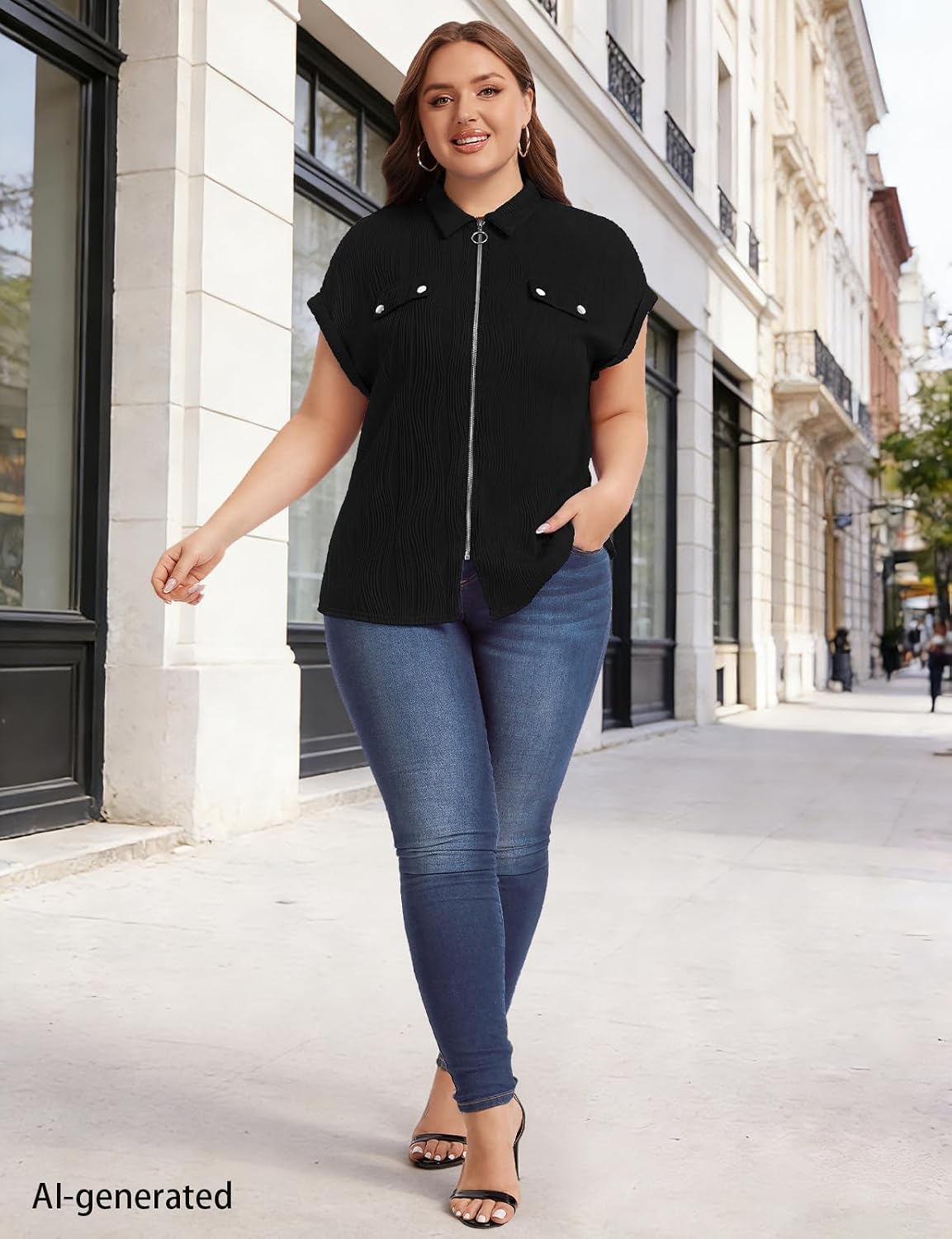 Zamowoty Womens Plus Size Tops Summer Short Sleeve Zip Front V Neck Collar Shirts Dressy Causal Work Office Loose Blouses