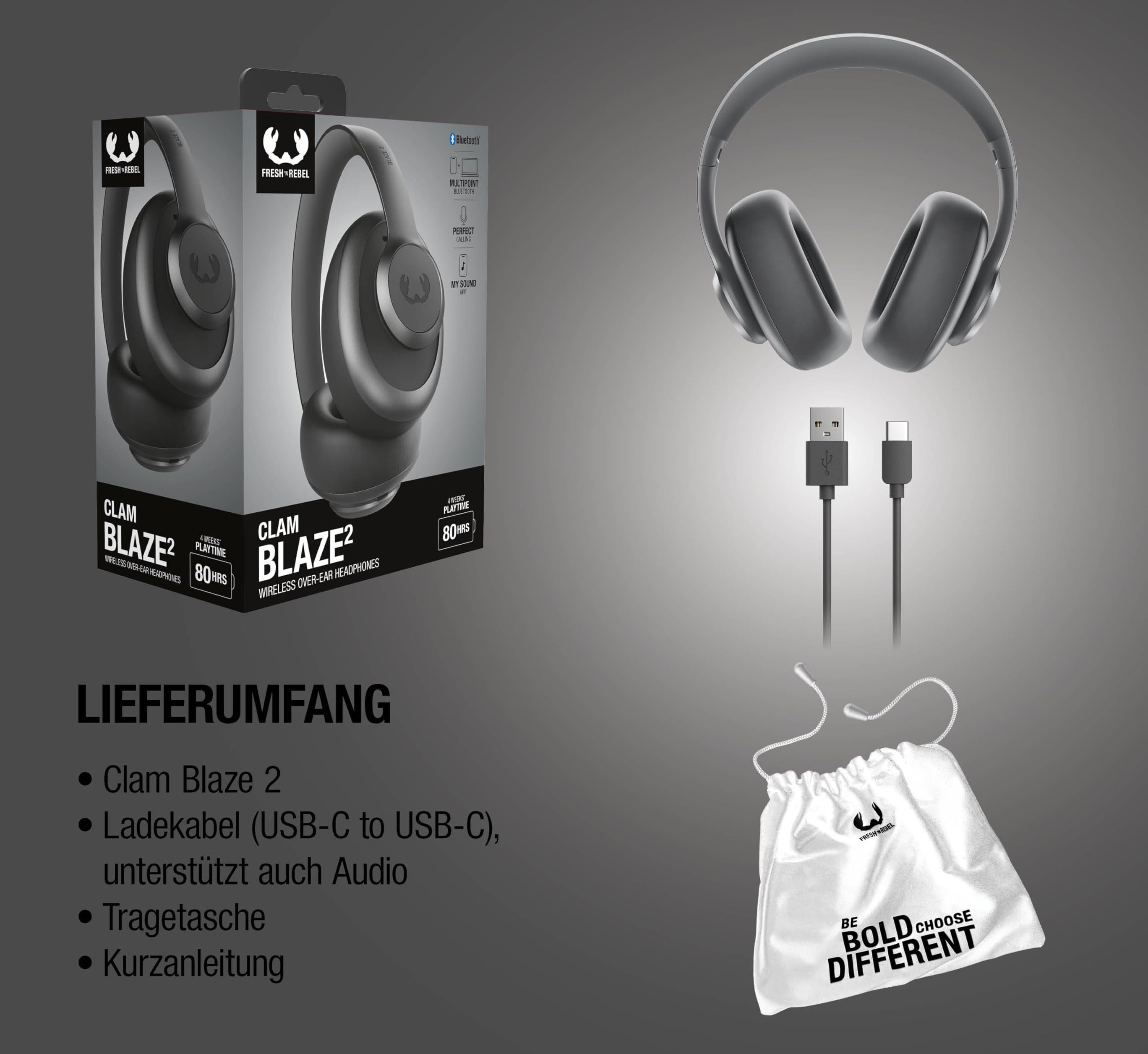 Fresh 'n Rebel Clam Blaze 2, Kabellose Over-Ear-Kopfhörer, 80 Std. Akkulaufzeit, Bluetooth 5.3, My Sound App, Mikrofone für klare Anrufe, Klappbar, Klickbare Tasten, Schnellladen (Storm Grey)