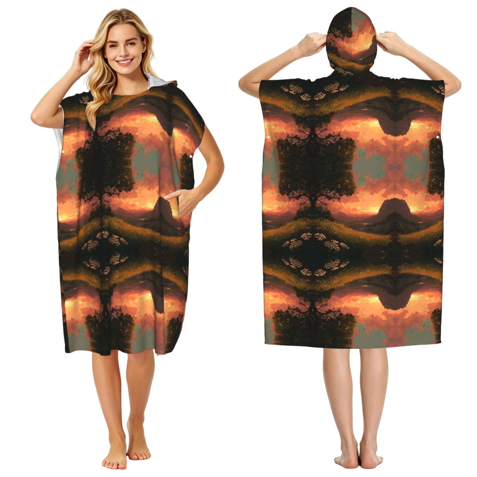 EZDLOWVBA Summer Sunset Print Hooded Poncho Microfiber Beach Towel,Adult Women & Men Changing Robe,Lightweight Summer Surf Swim Bath Poncho Towel