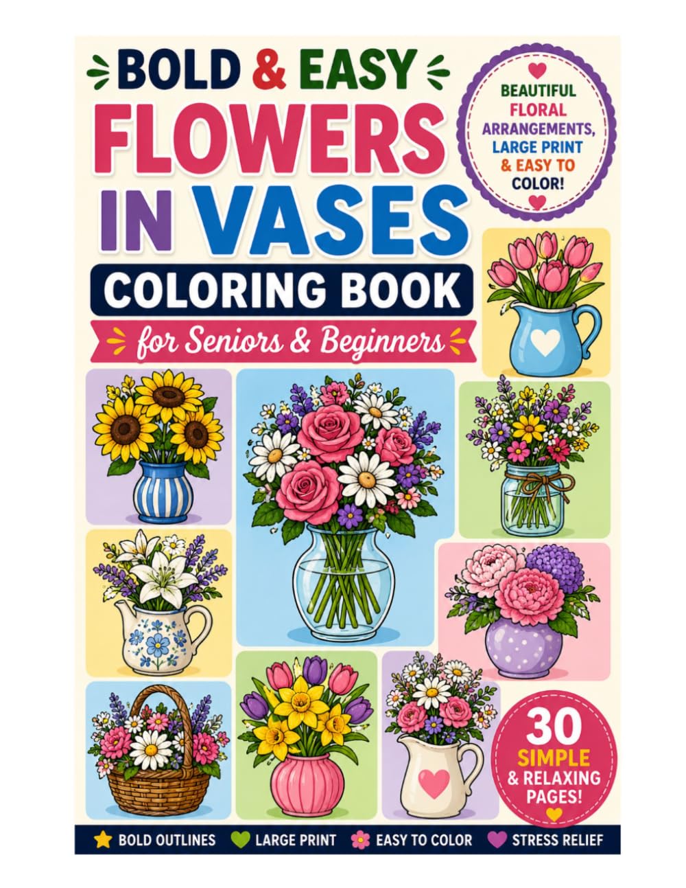 Bold & Easy Flowers in Vases Coloring Book for Seniors & Beginners: Large Print Floral Arrangements, Bouquets & Simple Flower Displays for Relaxation