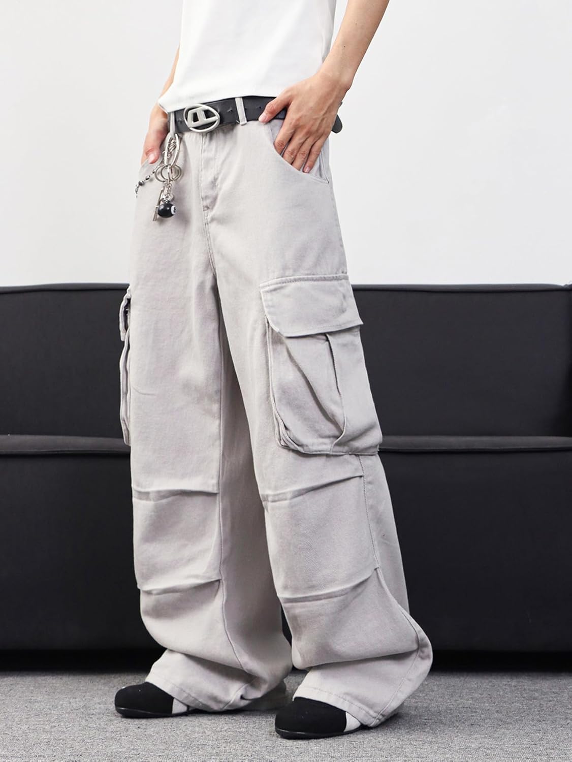 Mens Denim Baggy Pants with Cargo Pockets Mid Weight Casual Streetwear Wide Leg Jeans Hip Hop Skater Trousers - Image 4