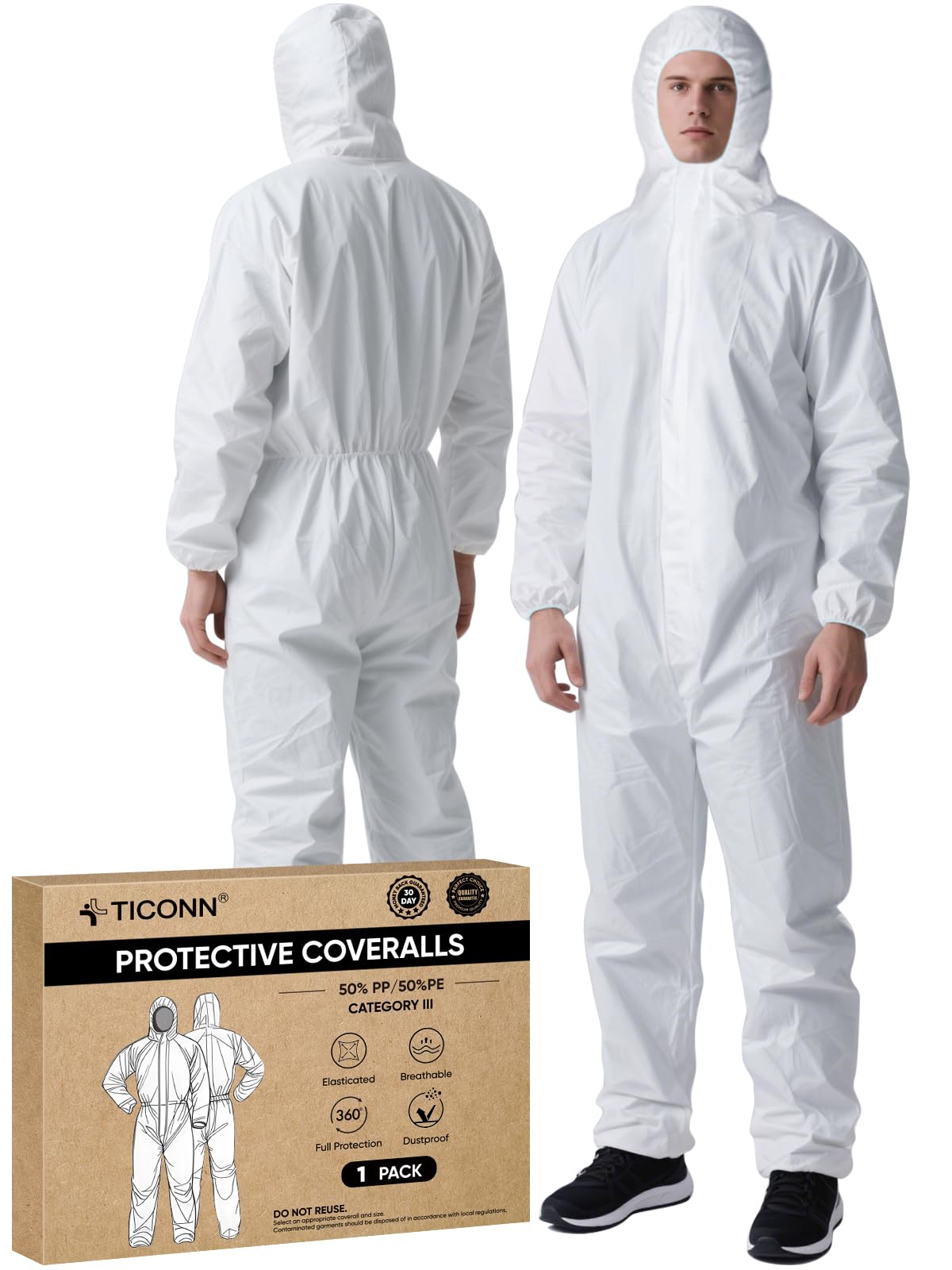 TICONN Hazmat Suit Disposable Coveralls Full Body Protective Lab Coveralls Breathable Paint Suit for Men Women