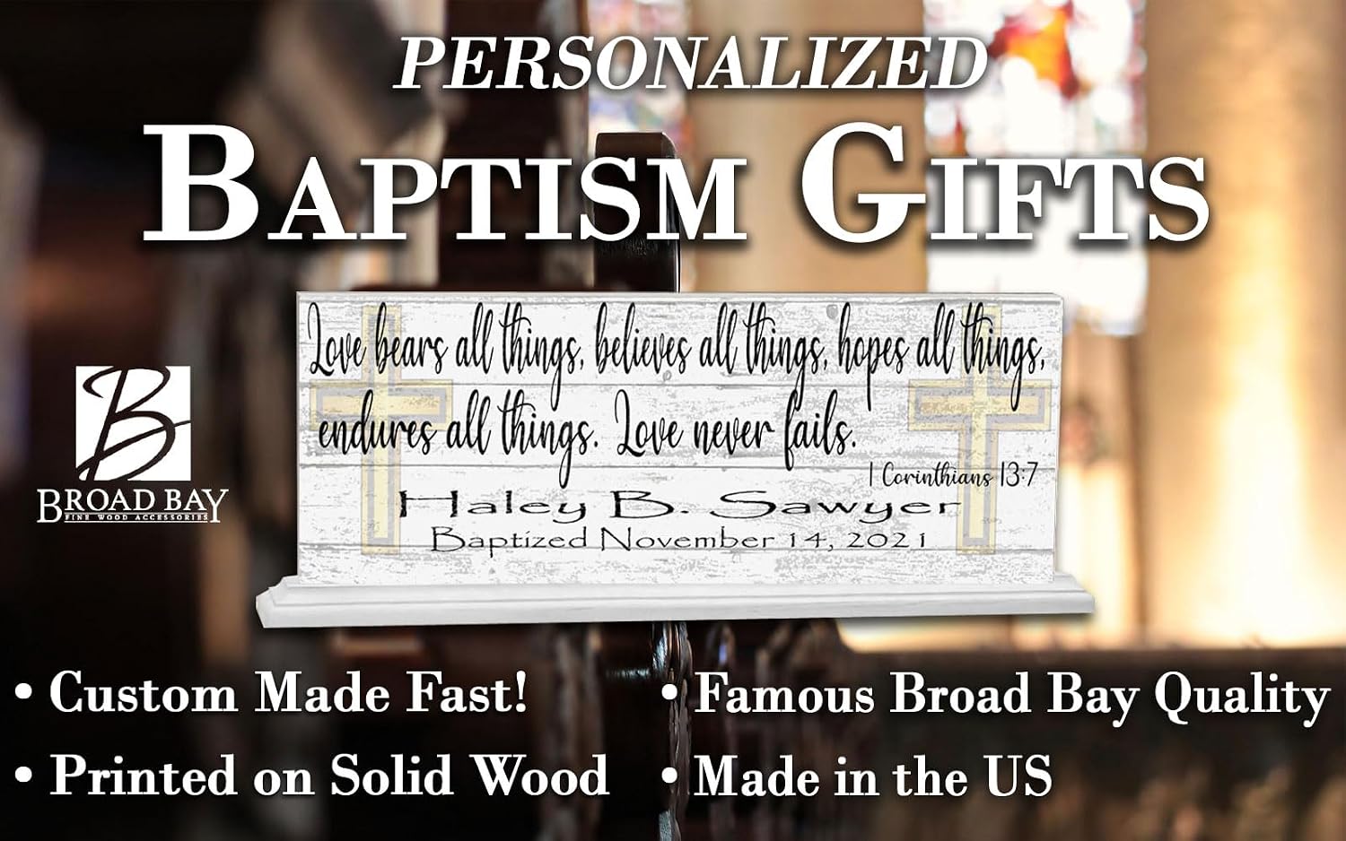 Baptism Gift For Boys or Girls Christening Baptism Plaque Keepsake Present Bible Verse With Child's Name and Baptism Date (Love Never Fails)