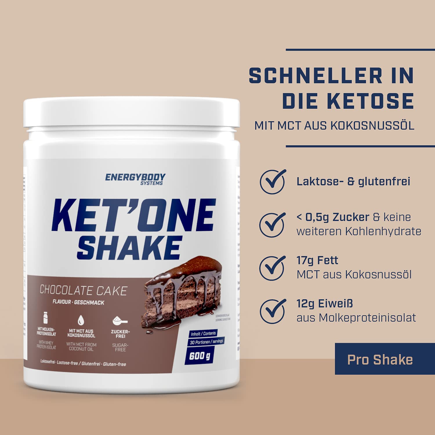 Energybody KET'ONE Shake „Schoko" 600 g/Protein Pulver für die Ketogene Ernährung/Keto Shake mit MCT Pulver & Molkenproteinisolat/reich an essentiellen Aminosäuren & BCAAs